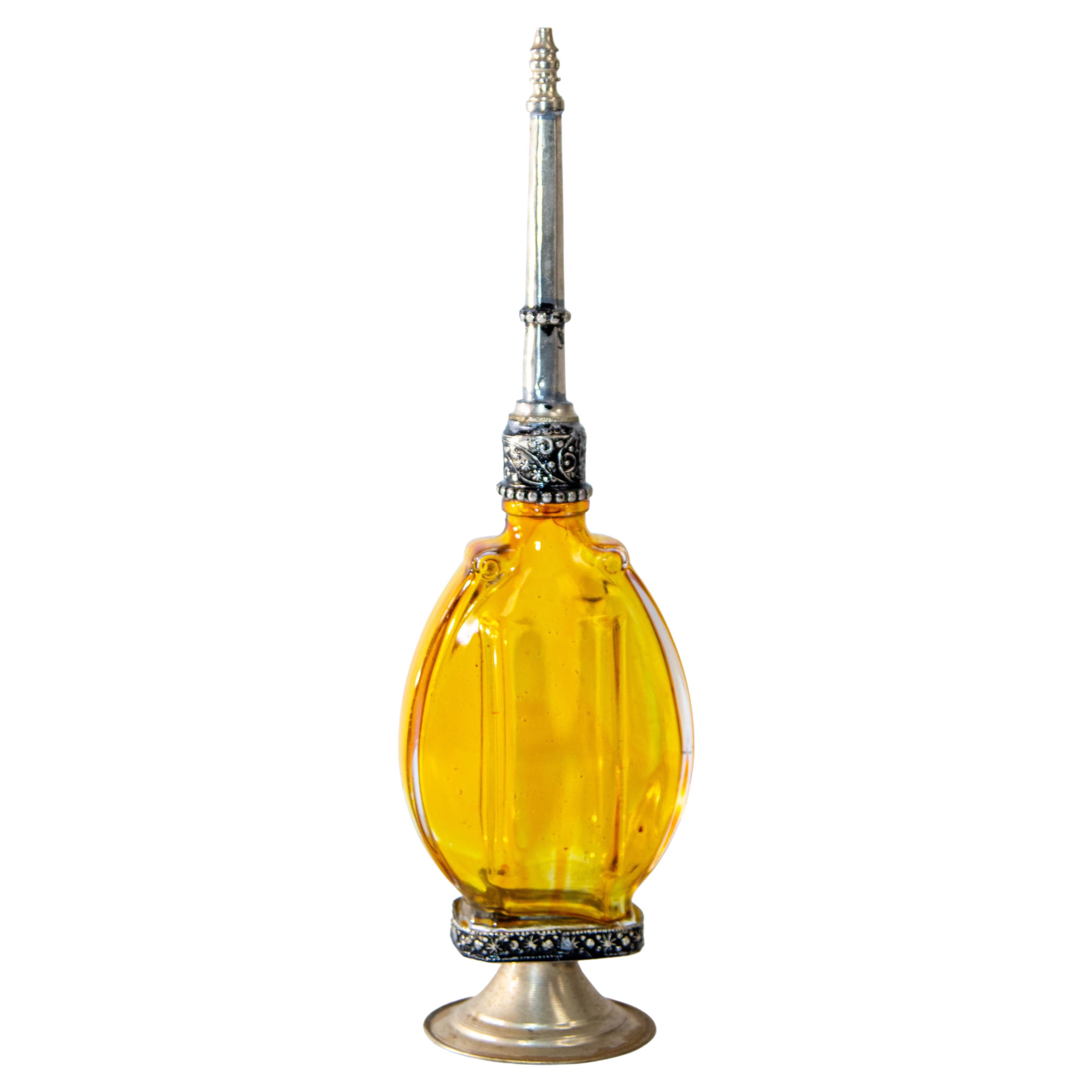 Moroccan Footed Glass Perfume Bottle Sprinkler with Embossed Metal Overlay For Sale