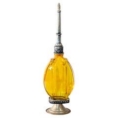 Used Moroccan Footed Glass Perfume Bottle Sprinkler with Embossed Metal Overlay