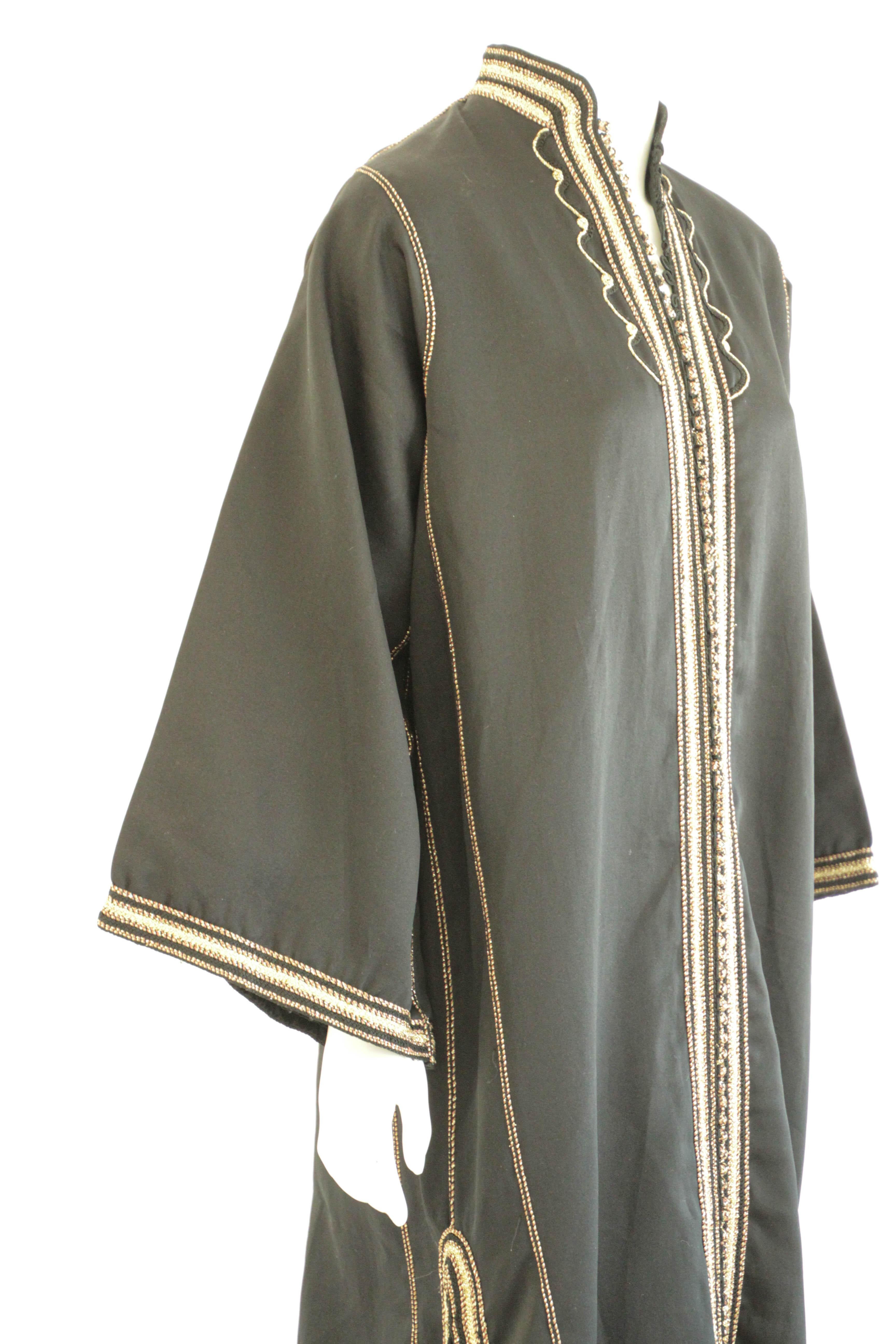 Moroccan Gentleman Black Caftan, 1970 Maxi Dress Vintage Kaftan For Sale 6