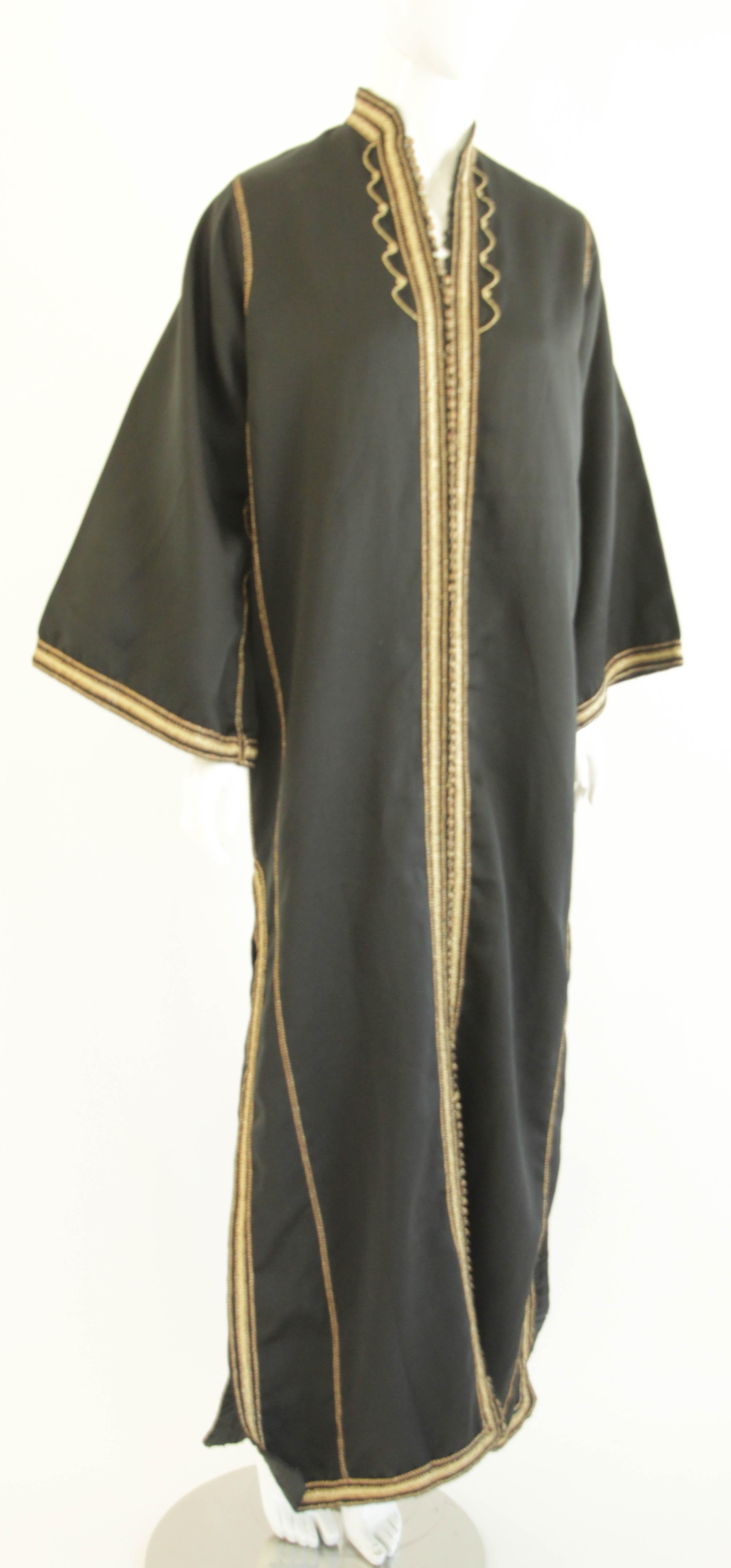 Moroccan Gentleman Black Caftan, 1970 Maxi Dress Vintage Kaftan For Sale 14