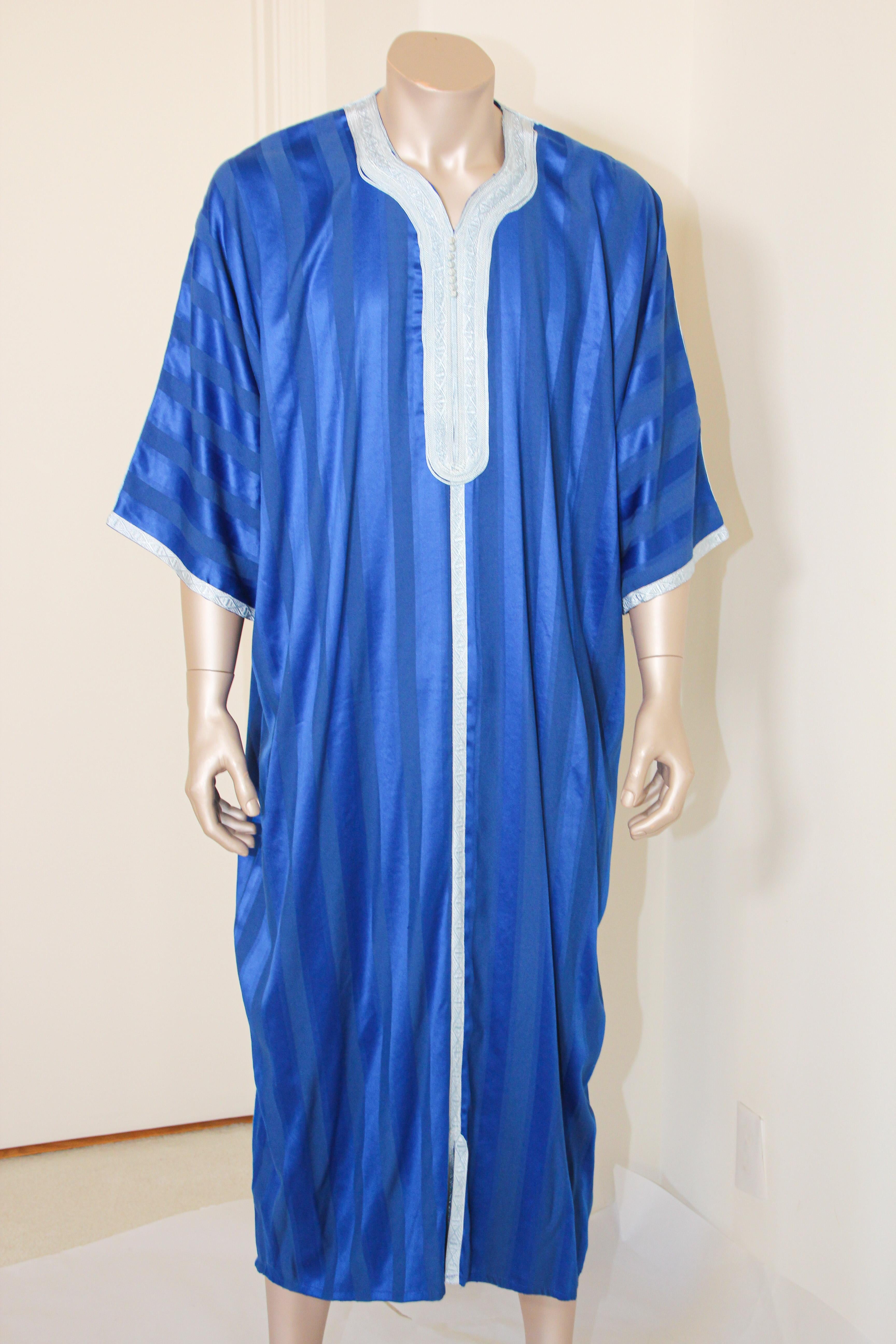 Hand-Crafted Moroccan Vintage Gentleman Cobalt Blue Caftan For Sale