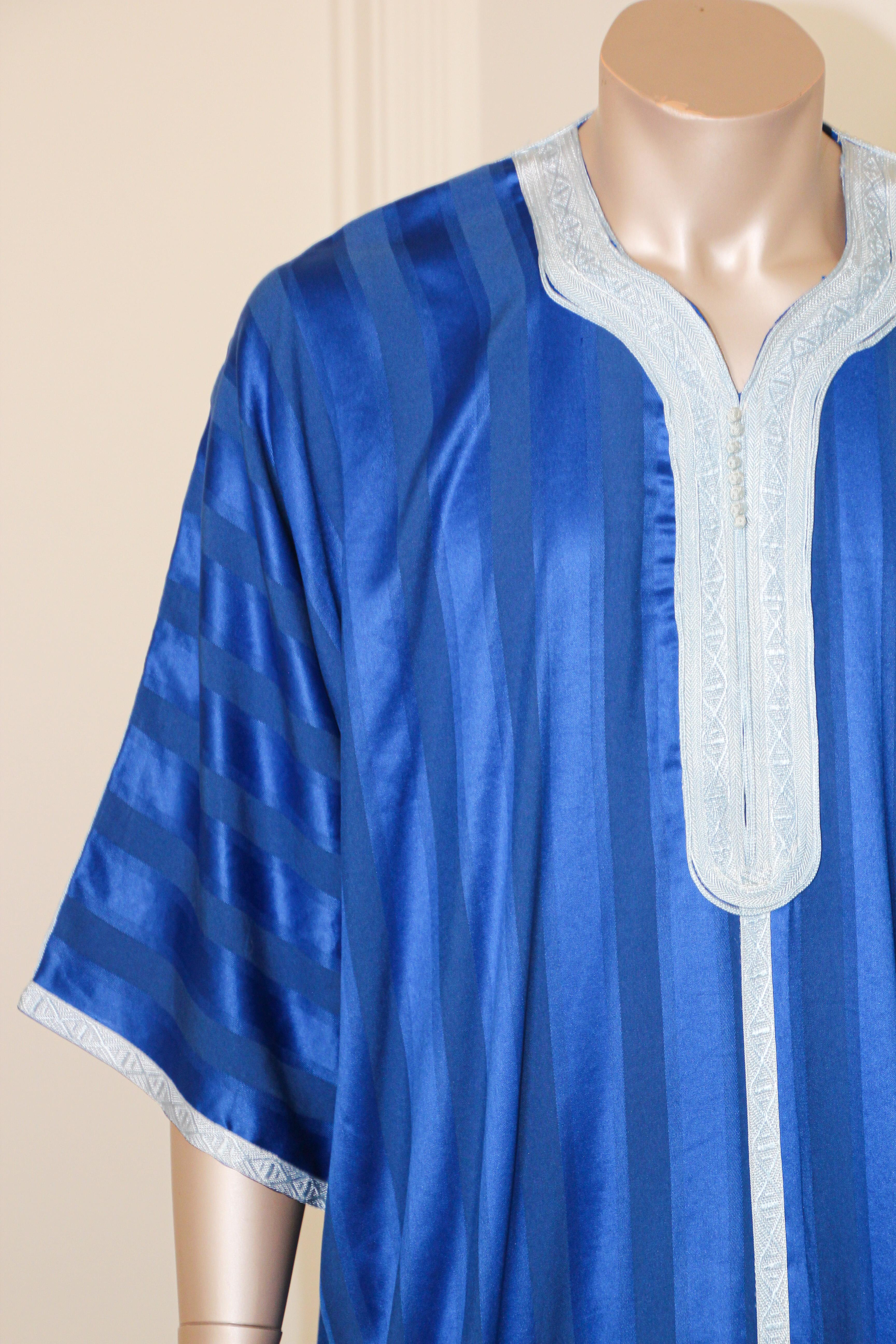 Fabric Moroccan Vintage Gentleman Cobalt Blue Caftan For Sale
