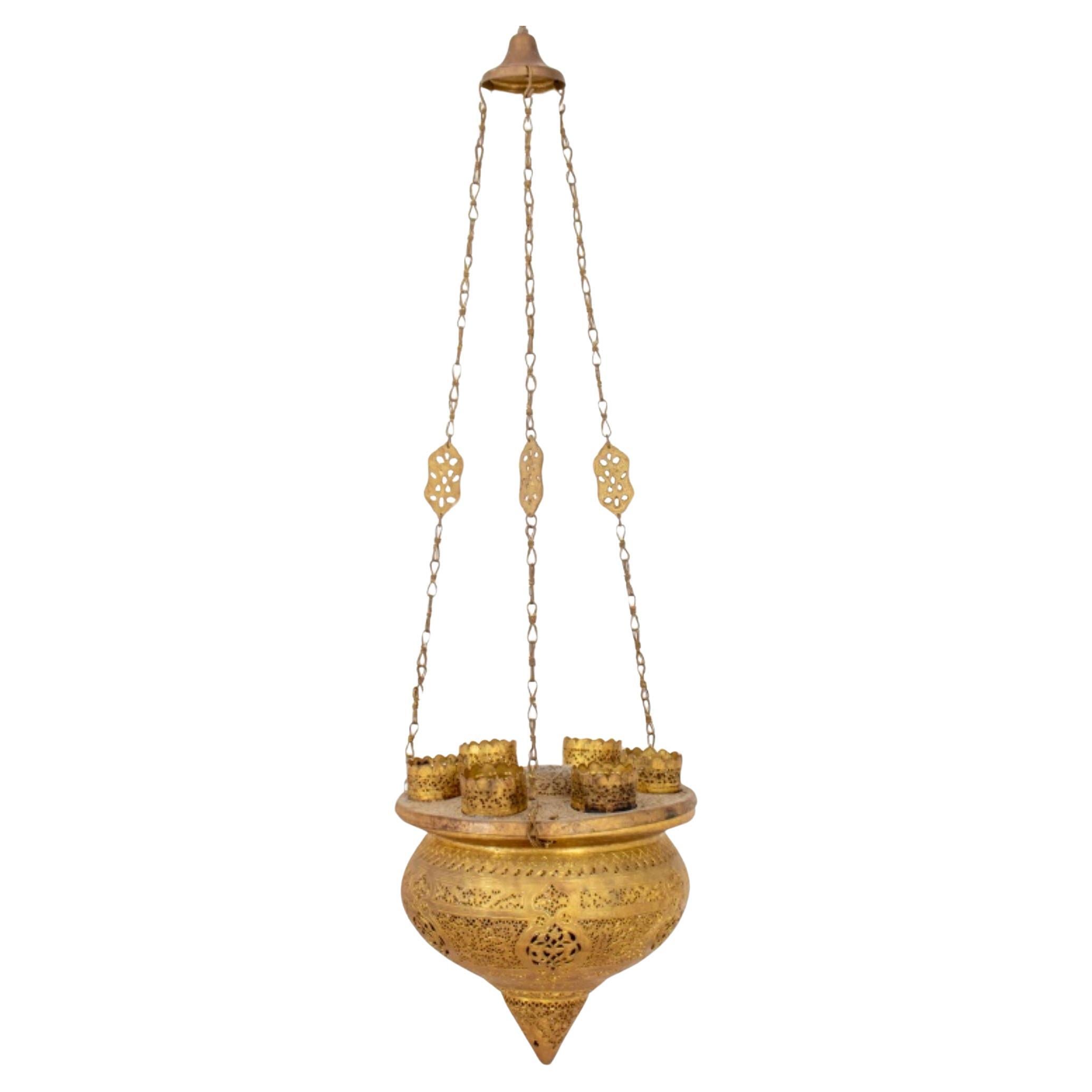 Moroccan Gilt Brass Six Light Oil Lamp Pendant For Sale