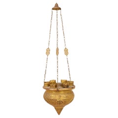 Lampada a olio a sospensione marocchina a sei luci in ottone dorato