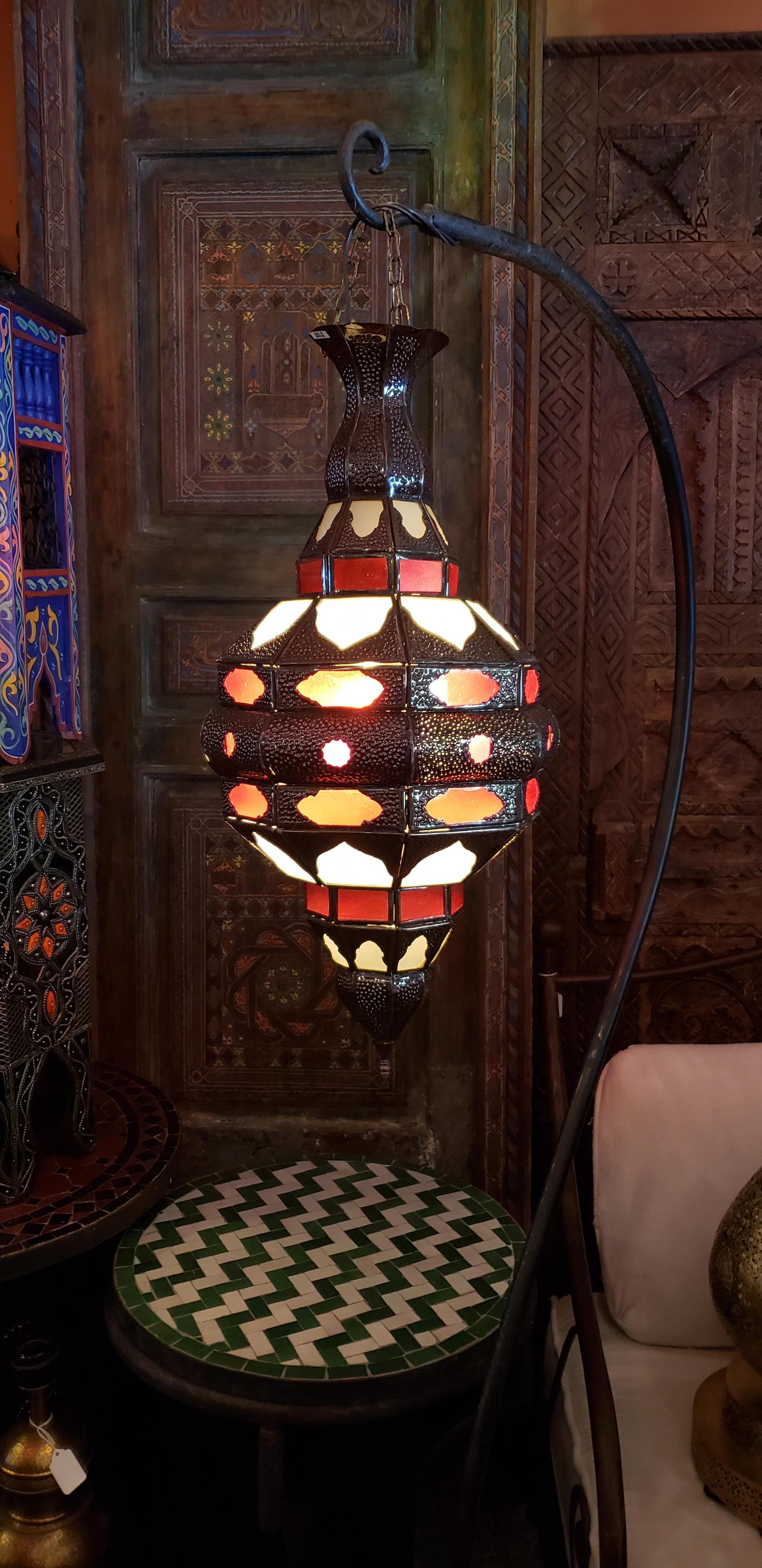Handmade Moroccan glass lantern with frosty white stain glass and metal rustic frame, measuring around 24