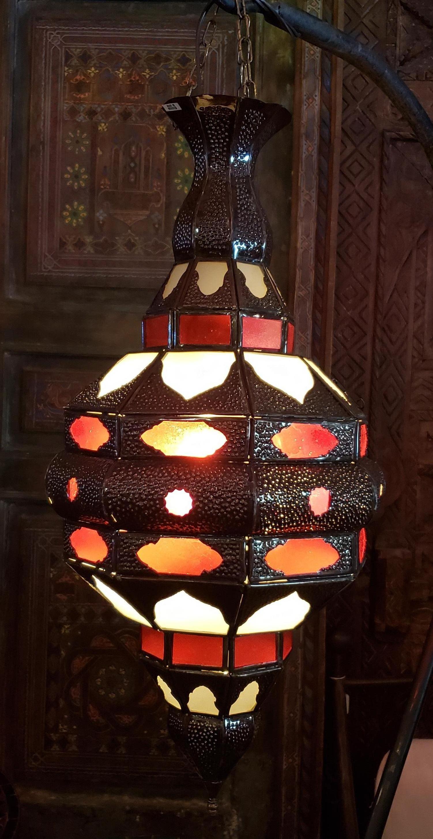 Contemporary Moroccan Glass Lantern, EL Makki Style, Frosty White and Red Glass For Sale