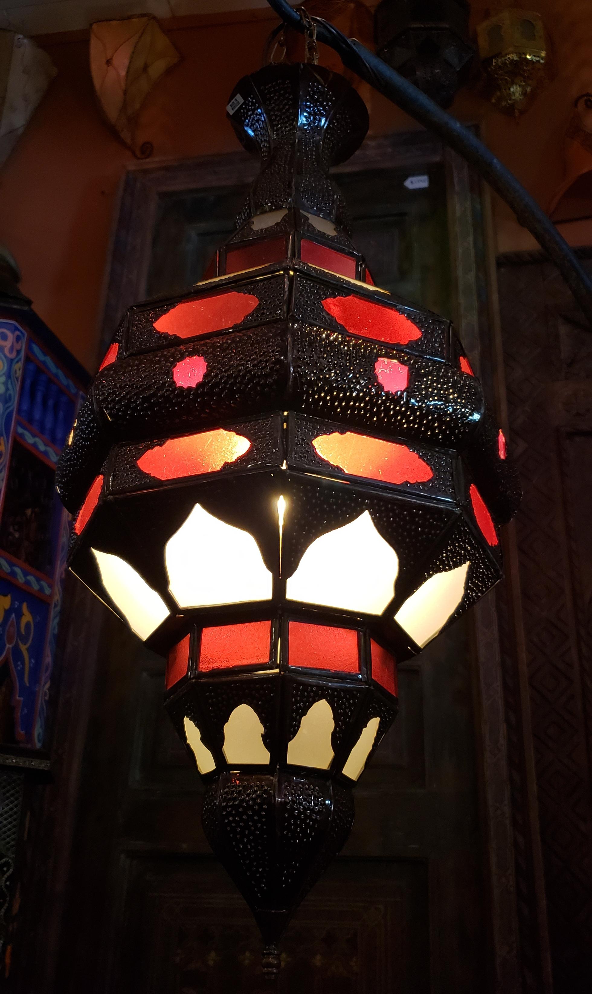 Moroccan Glass Lantern, EL Makki Style, Frosty White and Red Glass For Sale 1