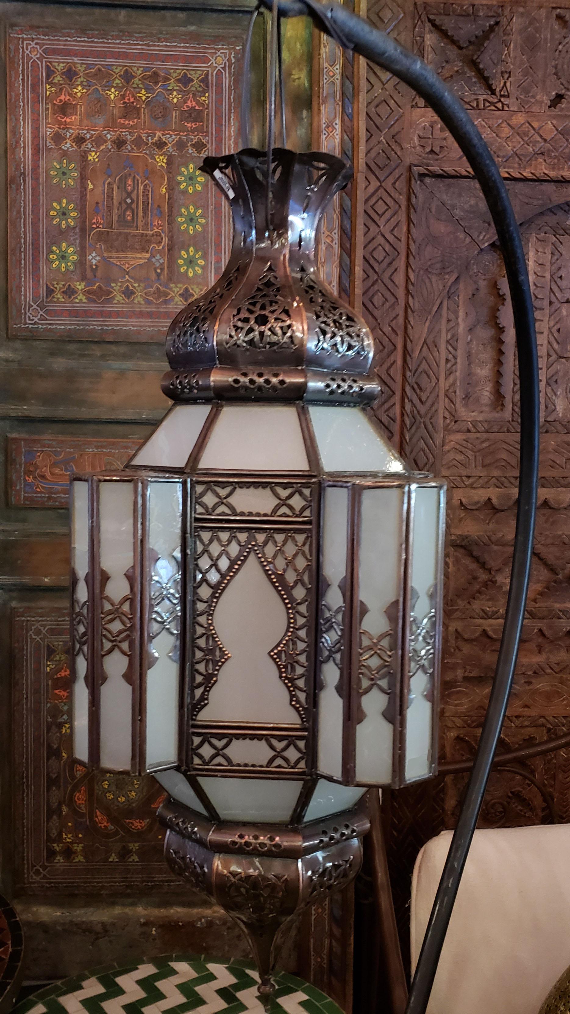 Contemporary Moroccan Glass Lantern, EL Makki Style, Frosty White Glass For Sale