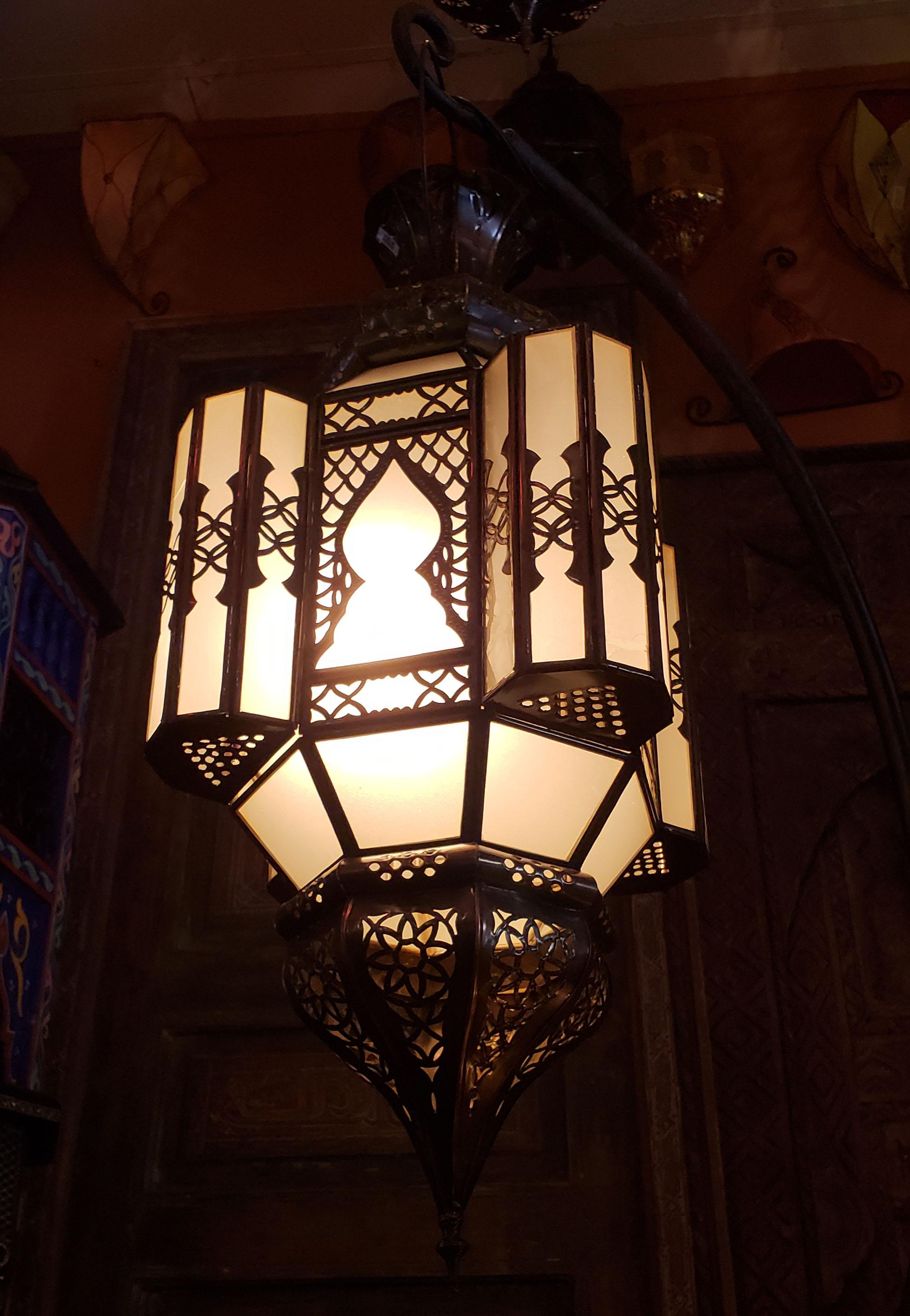 Moroccan Glass Lantern, EL Makki Style, Frosty White Glass For Sale 1