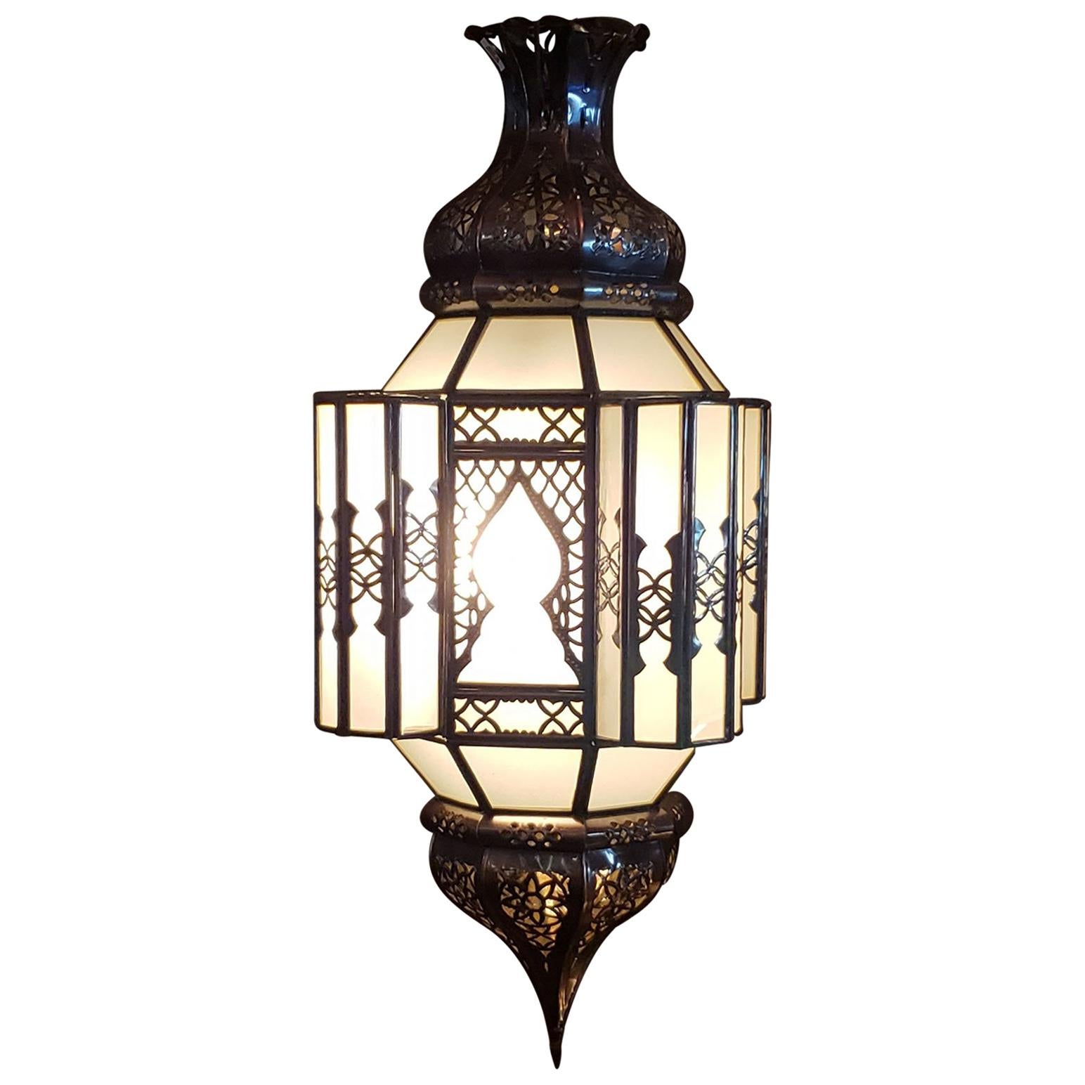 Moroccan Glass Lantern, EL Makki Style, Frosty White Glass For Sale