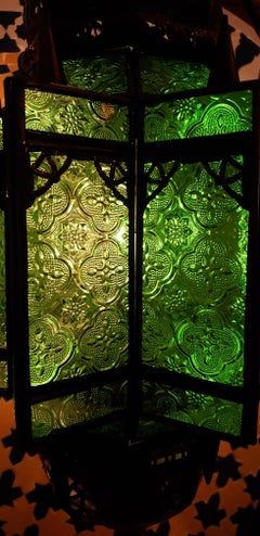 Moroccan Glass Lantern, Makki Style, Green Glass