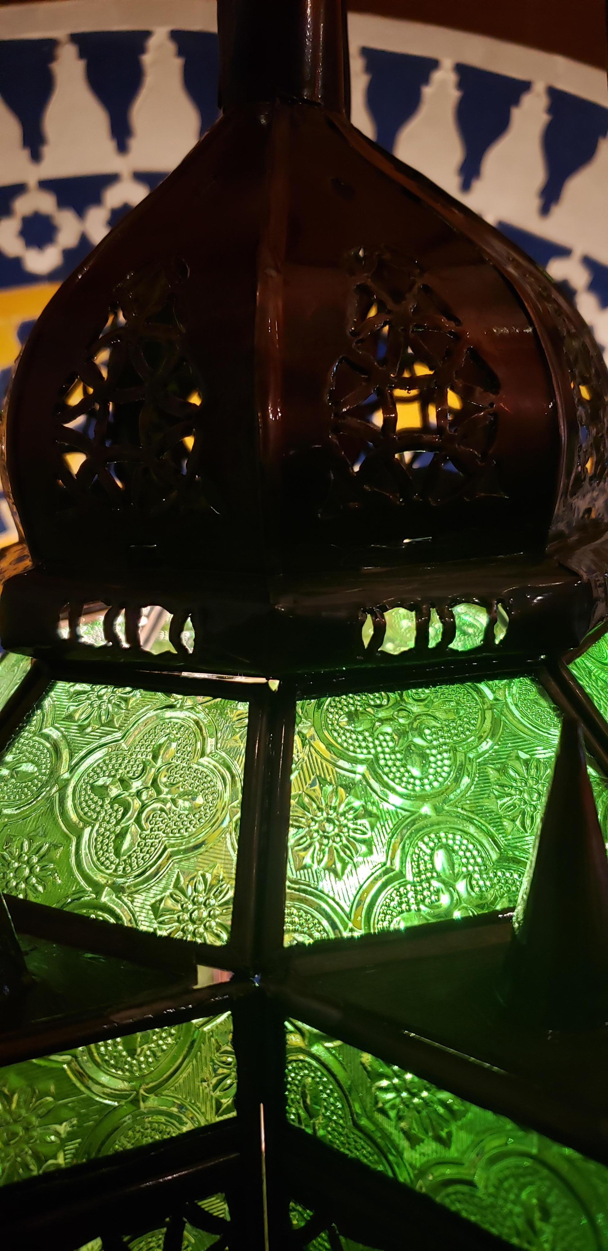 Frosted Moroccan Glass Lantern, Makki Style, Green Glass For Sale