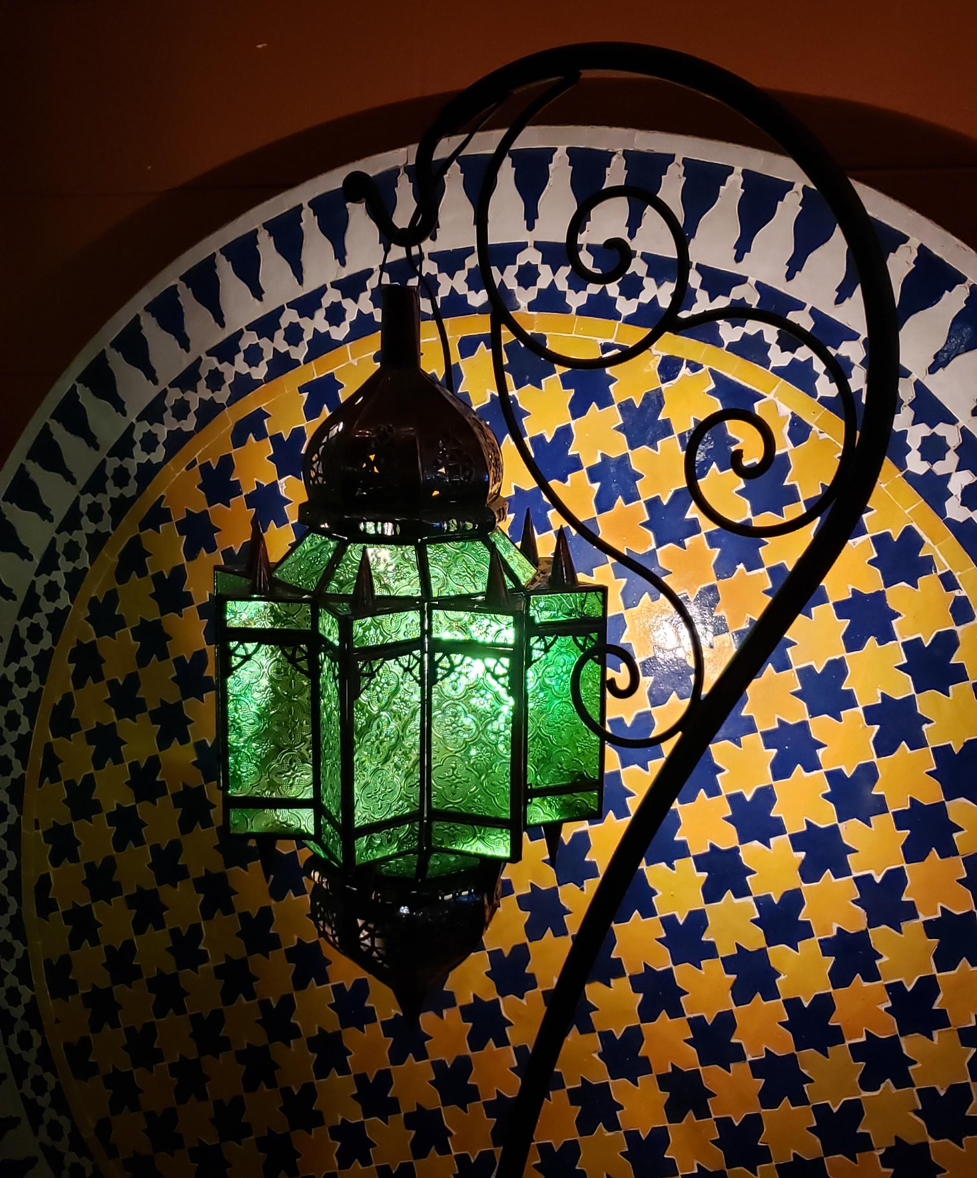 Contemporary Moroccan Glass Lantern, Makki Style, Green Glass For Sale