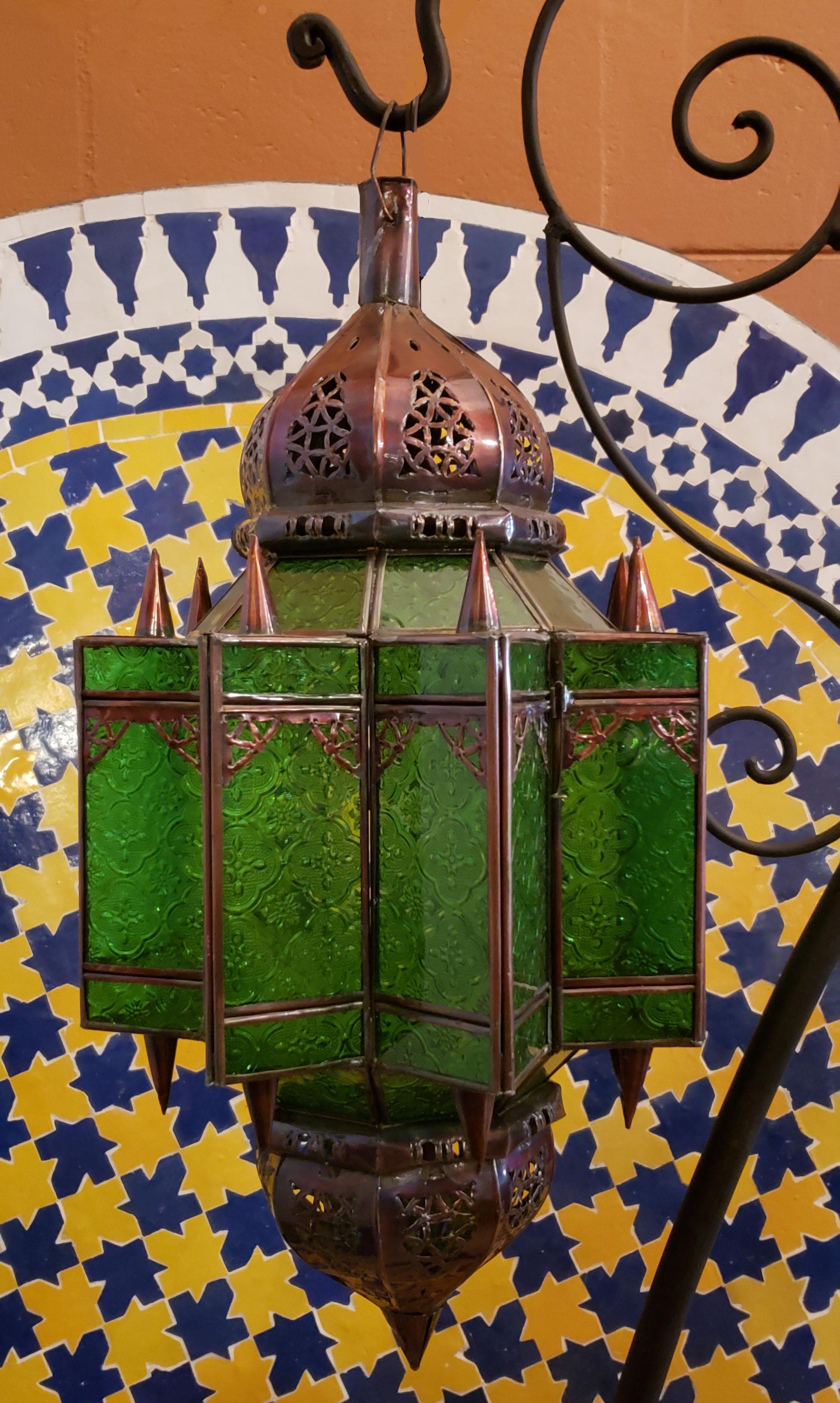 Moroccan Glass Lantern, Makki Style, Green Glass For Sale 2
