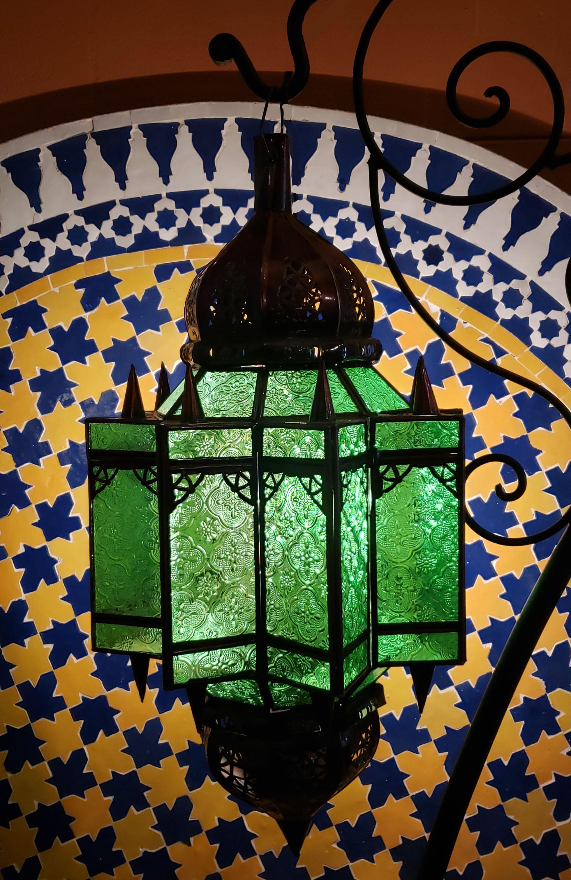 Moroccan Glass Lantern, Makki Style, Green Glass For Sale 3