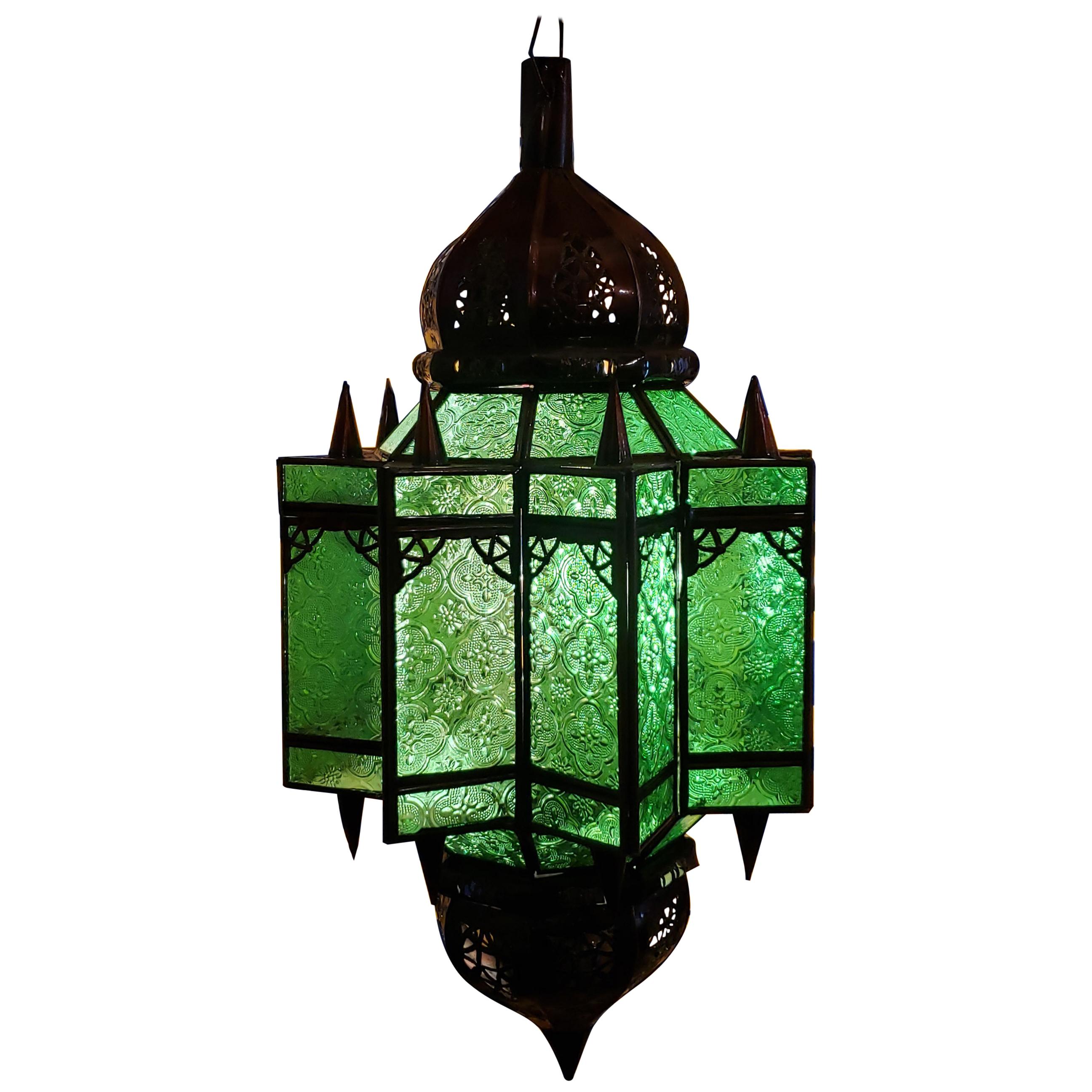 Moroccan Glass Lantern, Makki Style, Green Glass For Sale