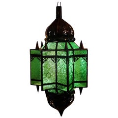 Moroccan Glass Lantern, Makki Style, Green Glass