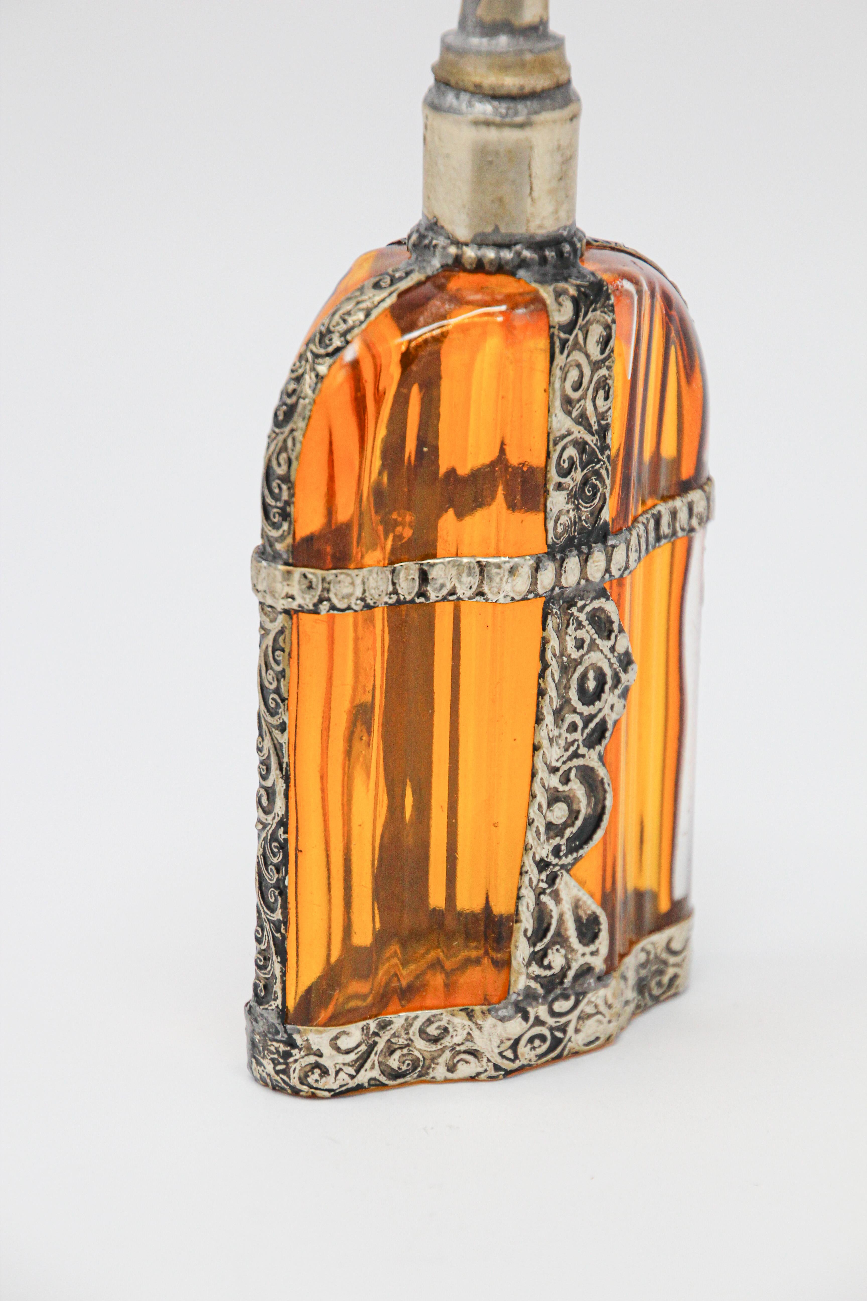 Moroccan Glass Perfume Bottle Sprinkler with Metal Overlay In Good Condition For Sale In North Hollywood, CA