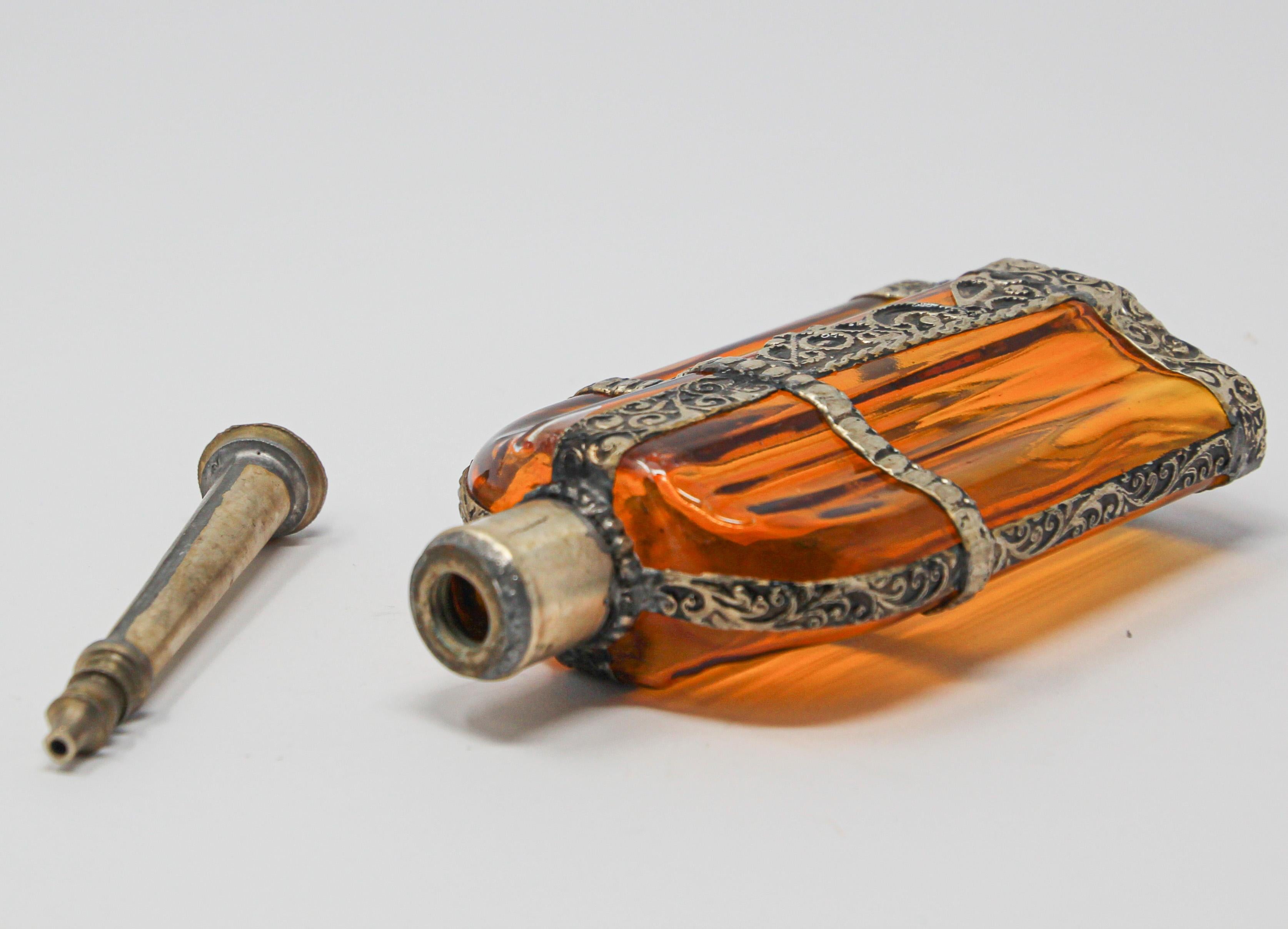 20th Century Moroccan Glass Perfume Bottle Sprinkler with Metal Overlay For Sale