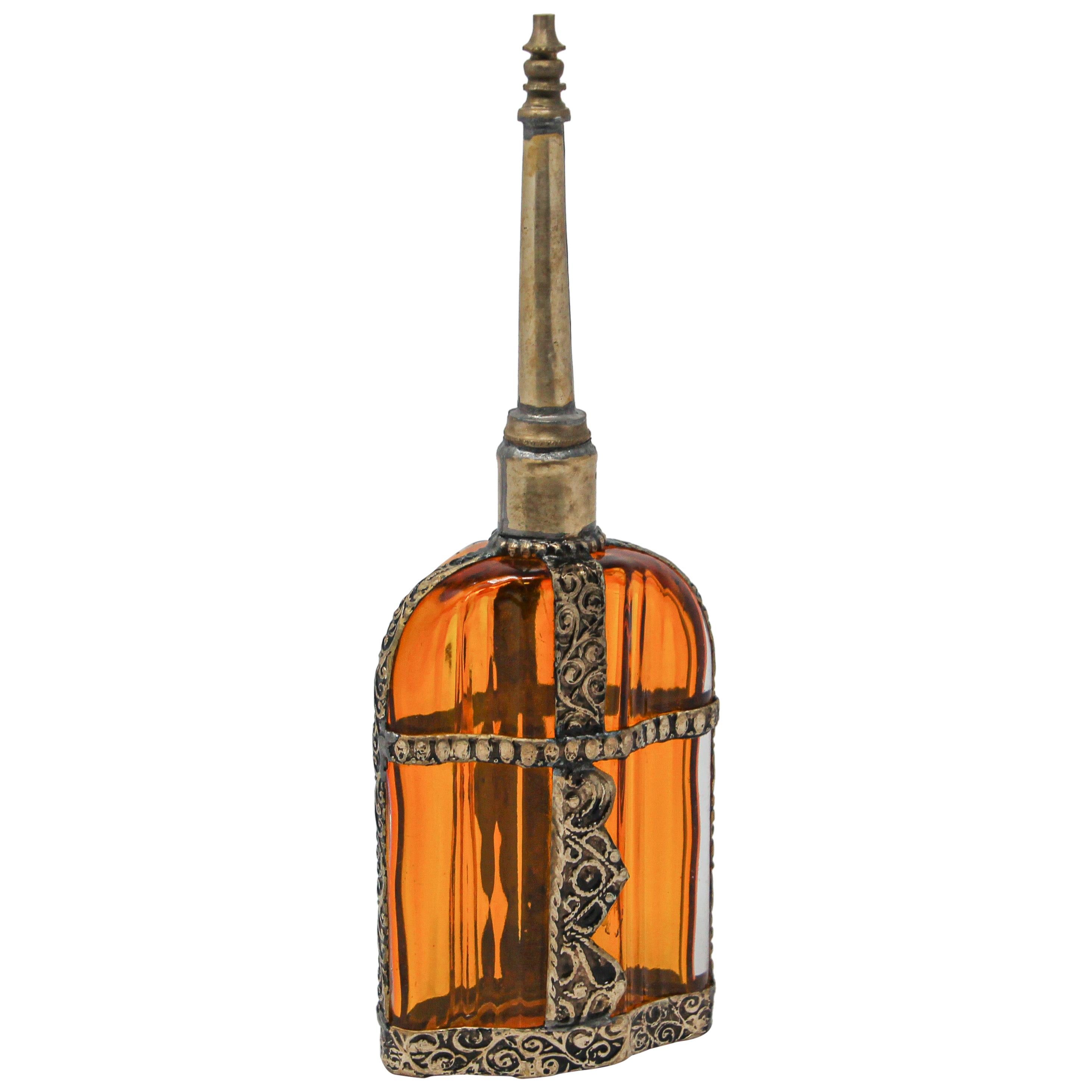 Moroccan Glass Perfume Bottle Sprinkler with Metal Overlay