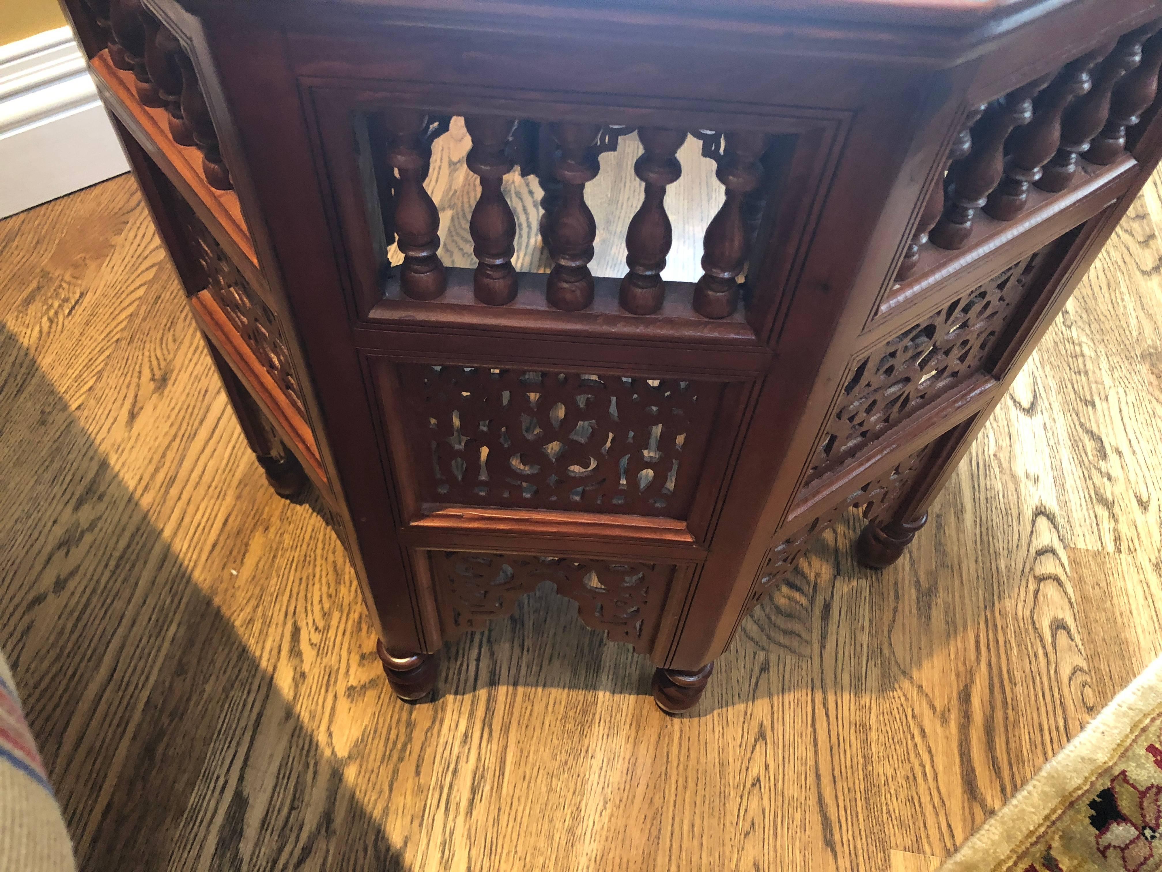 Moroccan Glass Top Carved Wood End or Side Table 6