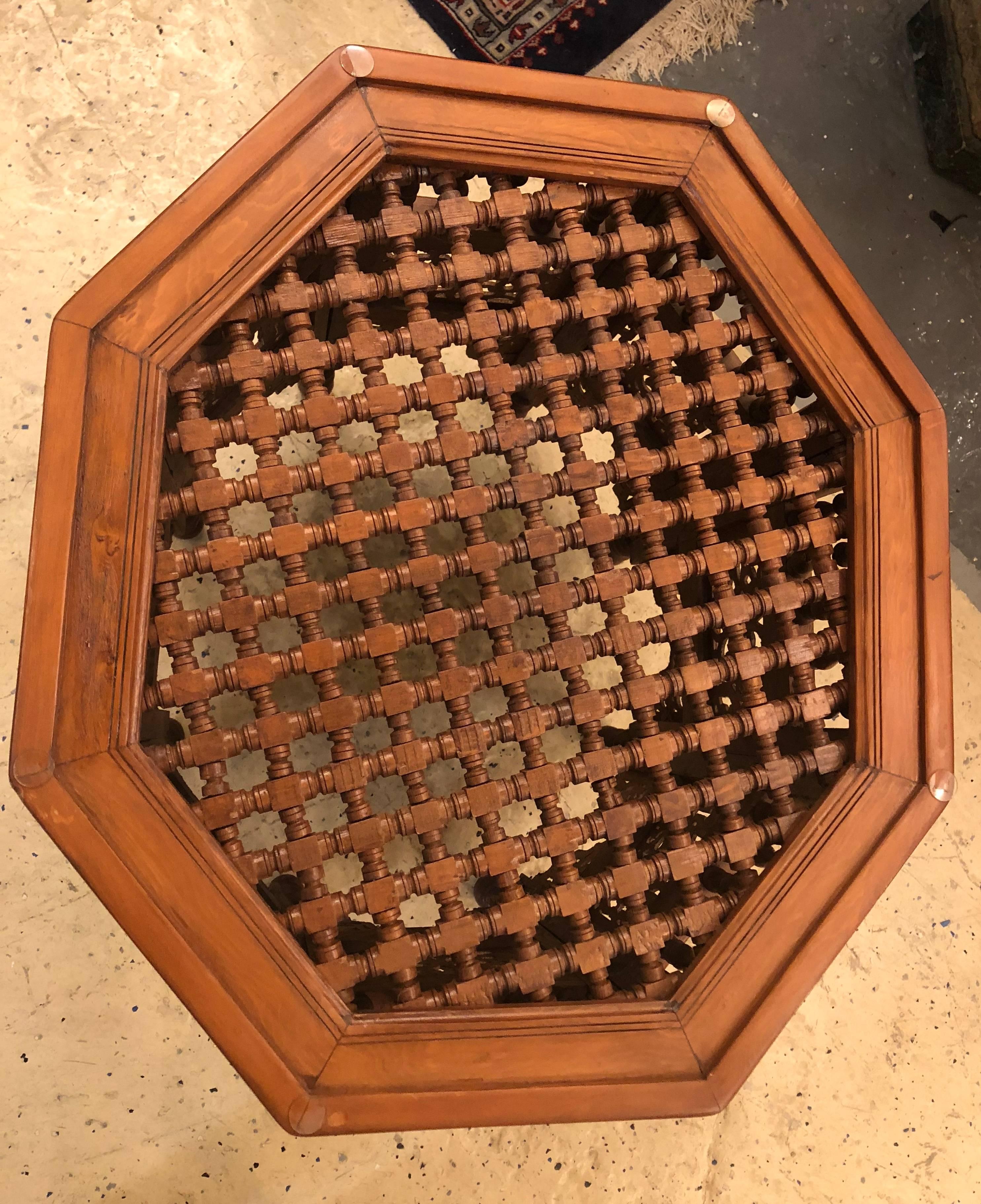 Moroccan Glass Top Carved Wood End or Side Table In Good Condition In Stamford, CT