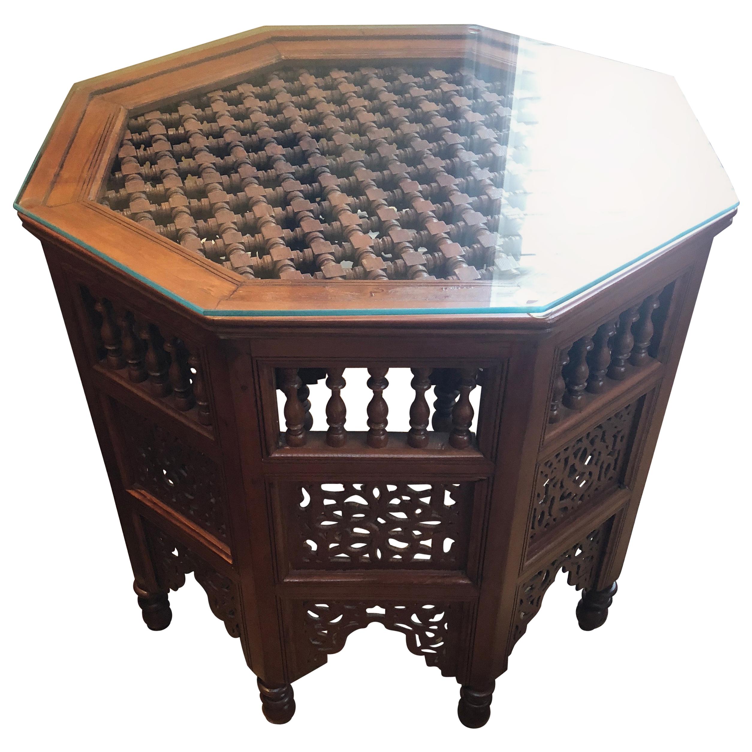 Moroccan Glass Top Carved Wood End or Side Table