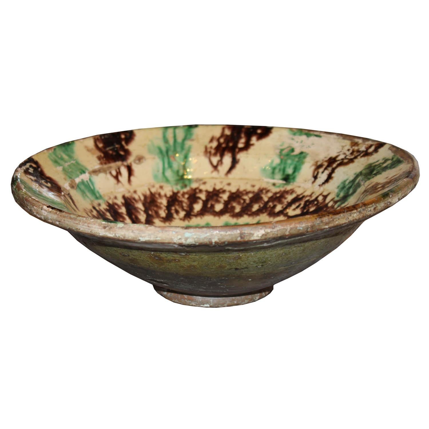 Vintage green and brown glazed ceramic bowl originally used for food would be a nice accessory on a coffee table or on a bookshelf.