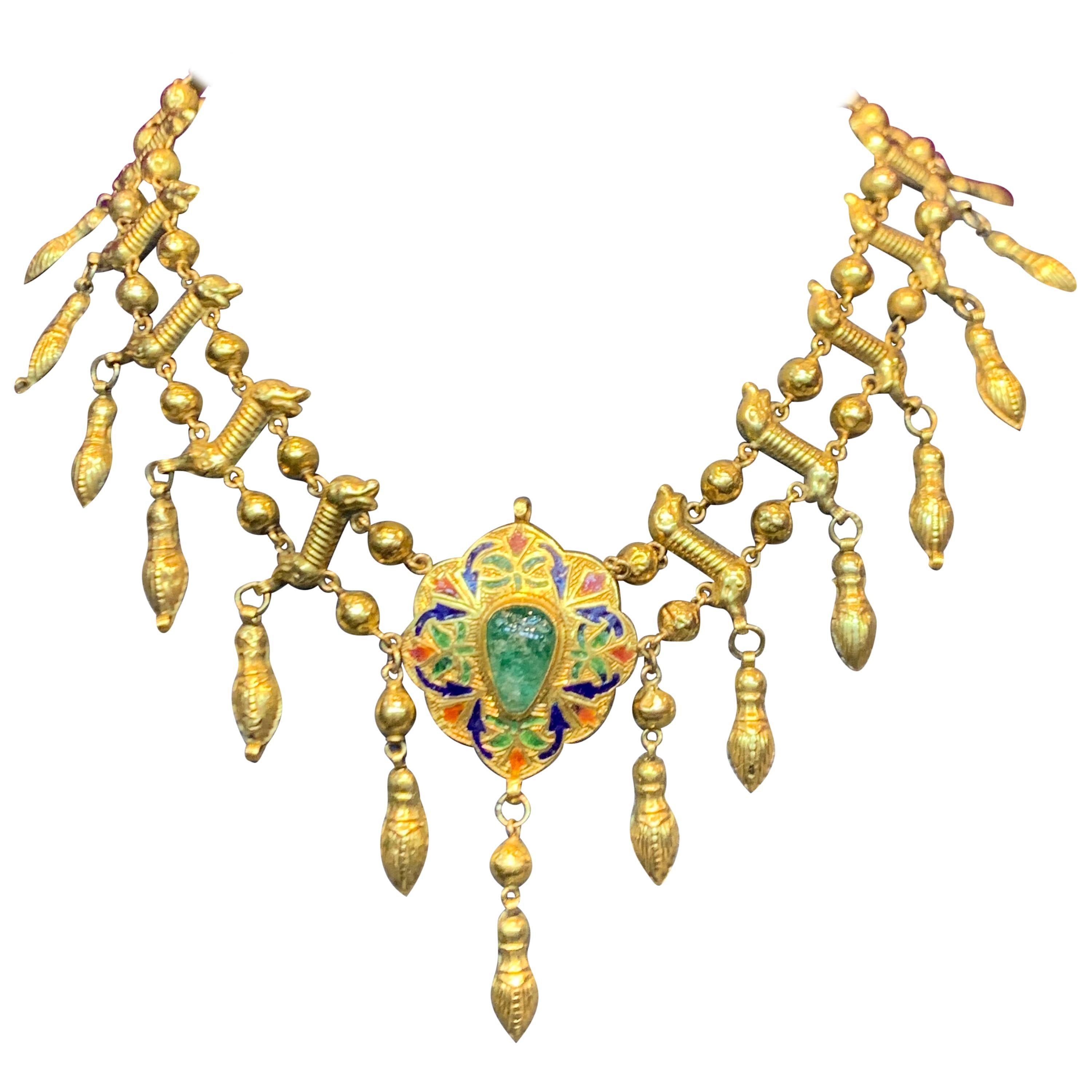 Moroccan Gold Emerald Necklace For Sale
