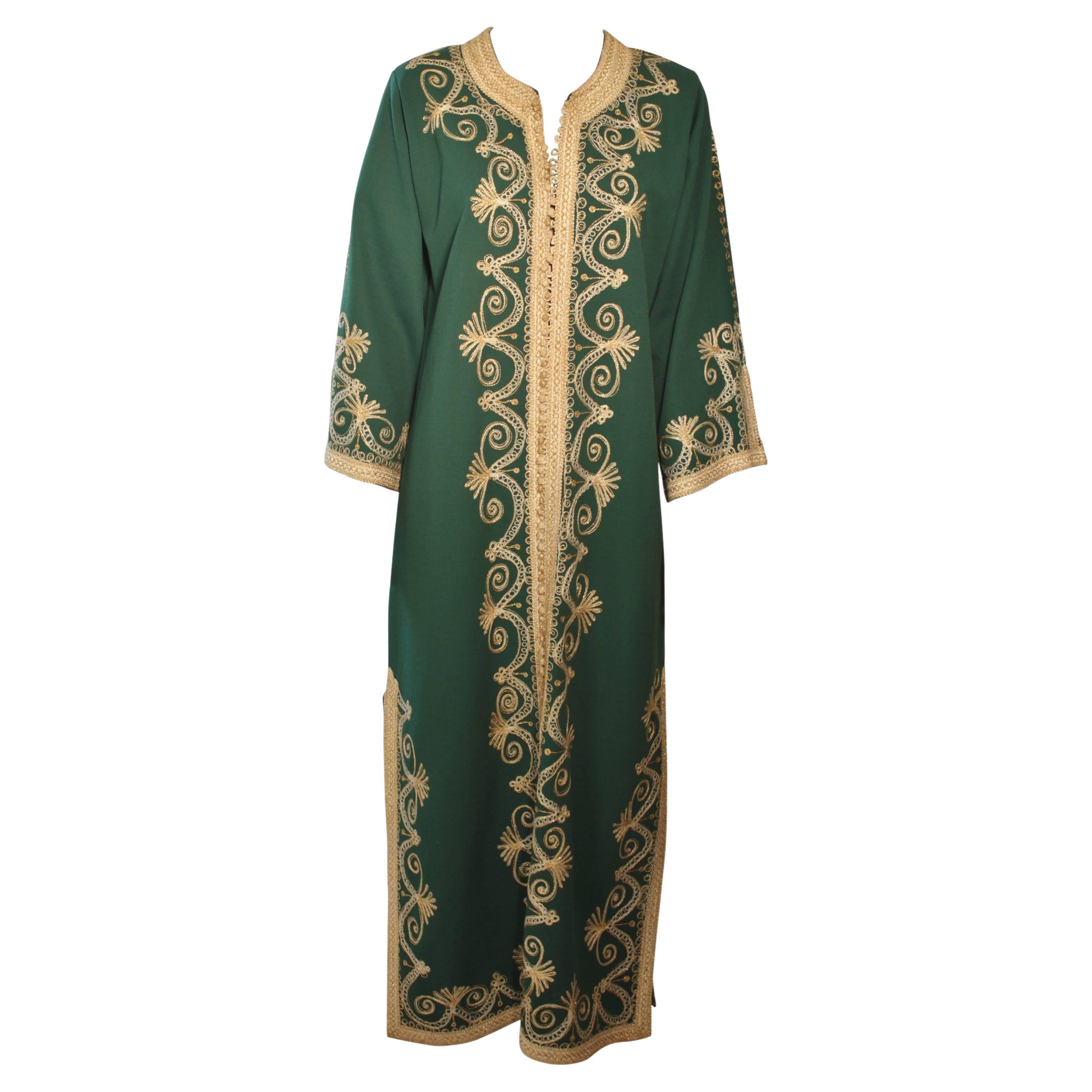 Moroccan Green Embroidered Caftan Maxi Dress Kaftan Size M For Sale