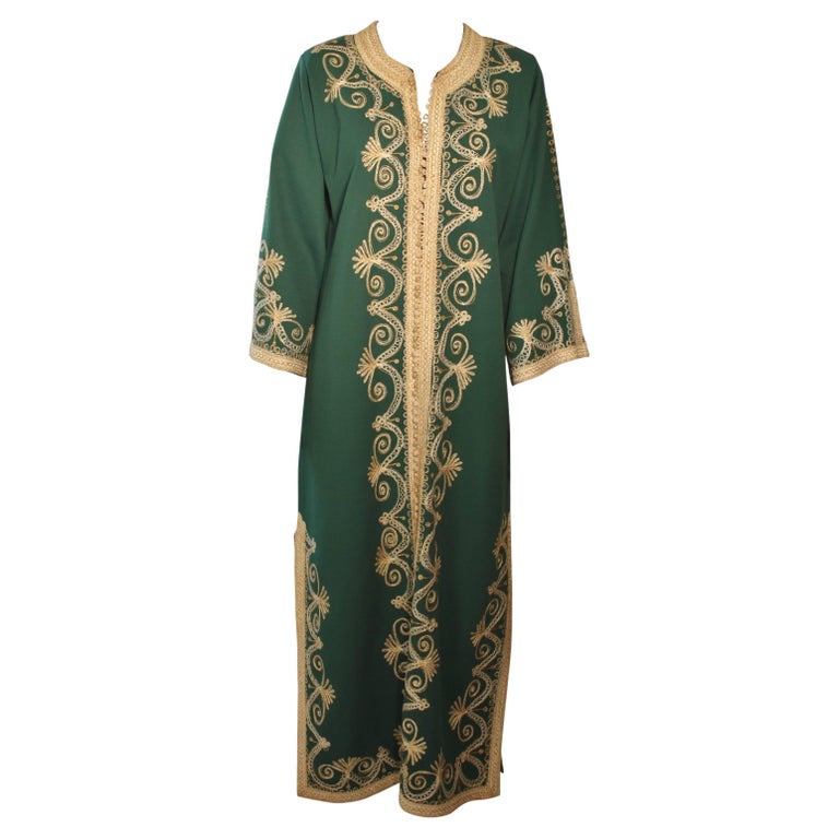 Moroccan Green Embroidered Caftan Maxi Dress Kaftan Size M