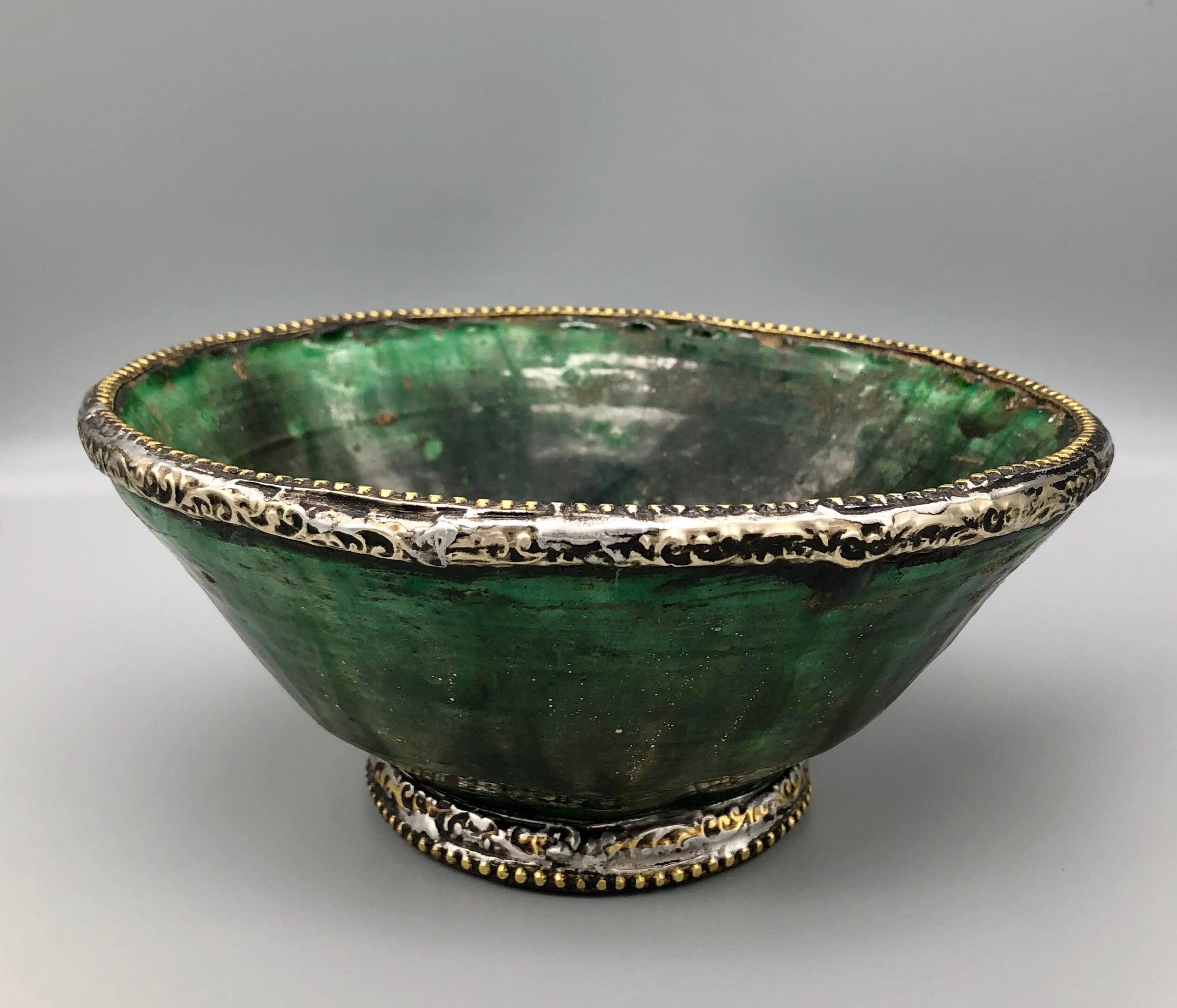 Folk Art Sustainable Moroccan Green Pottery Bowl w Brass & Silver Rim Handmade