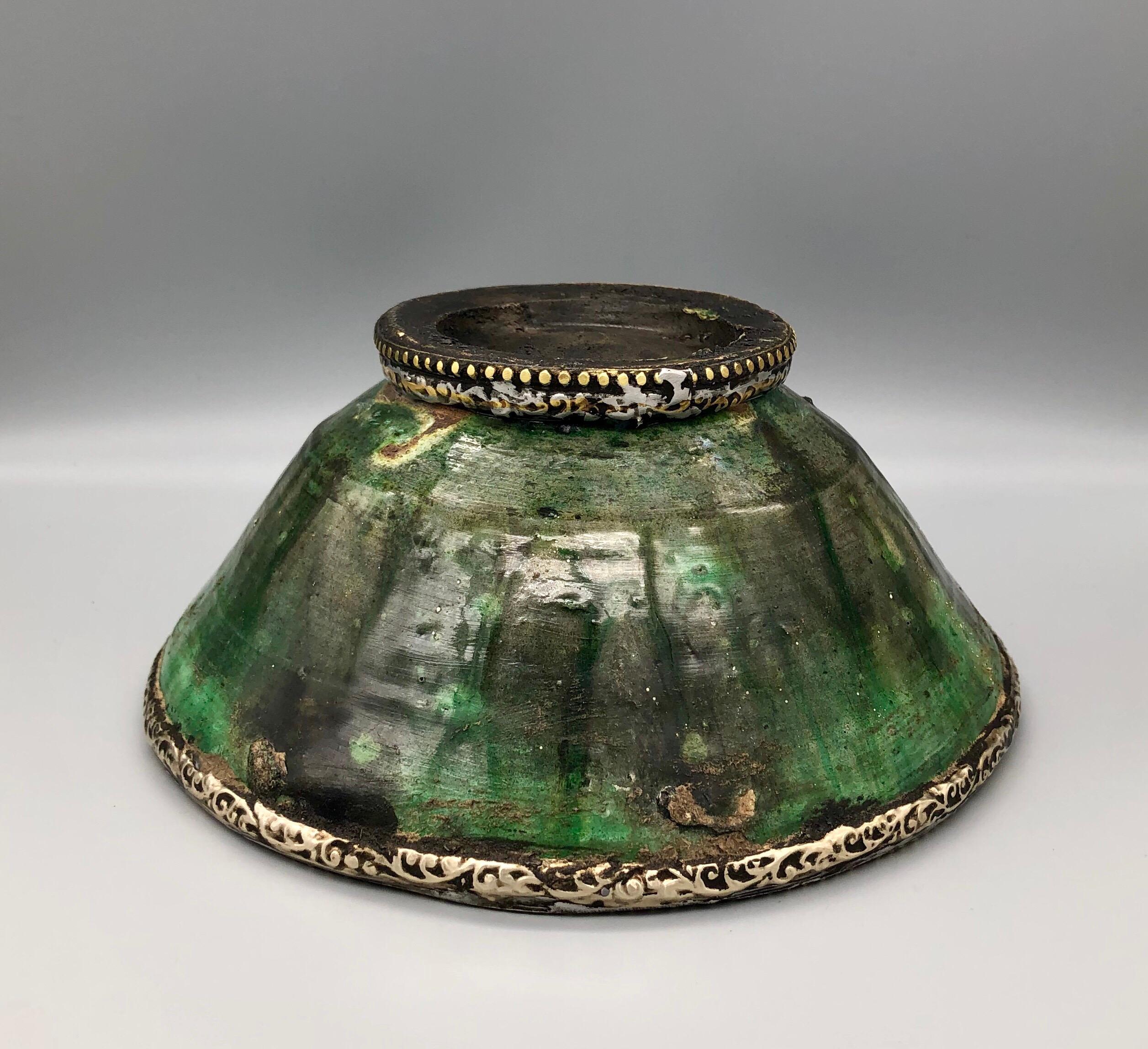 Sustainable Moroccan Green Pottery Bowl w Brass & Silver Rim Handmade 1