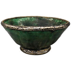 Sustainable Moroccan Green Pottery Bowl w Brass & Silver Rim Handmade