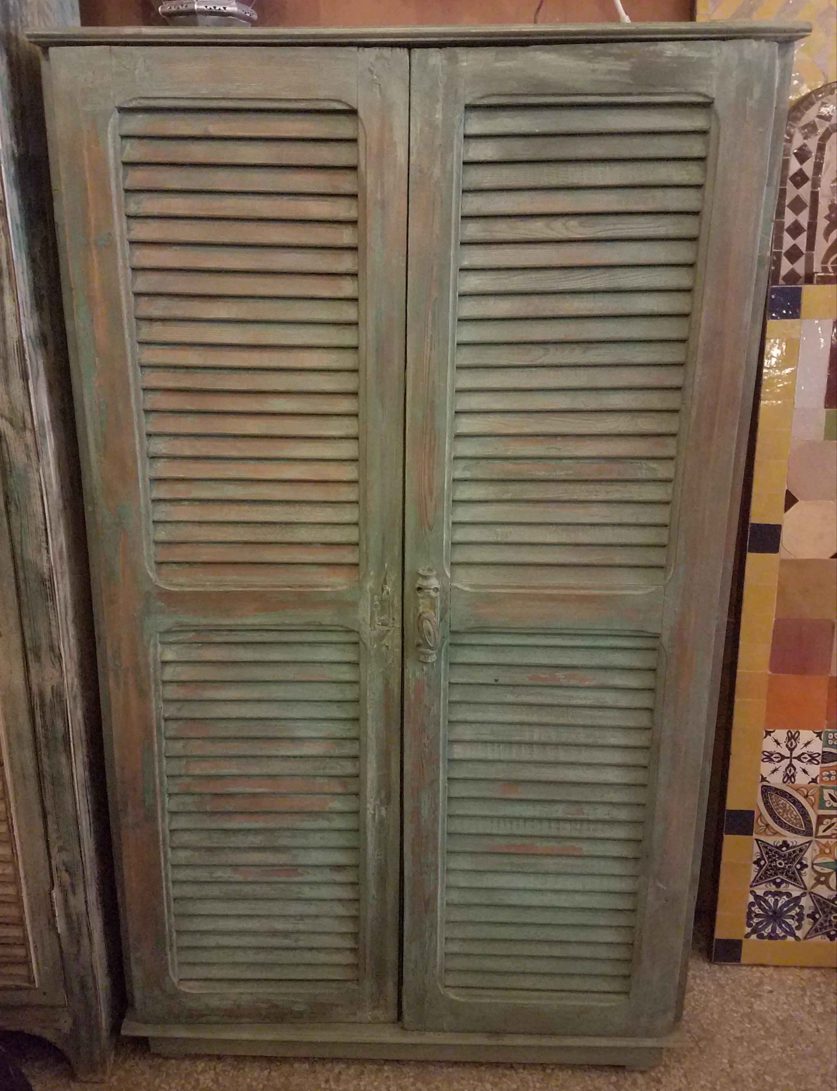 Hand-Carved Moroccan Green Whitewash Shoe Cabinet, Old Window Shutters
