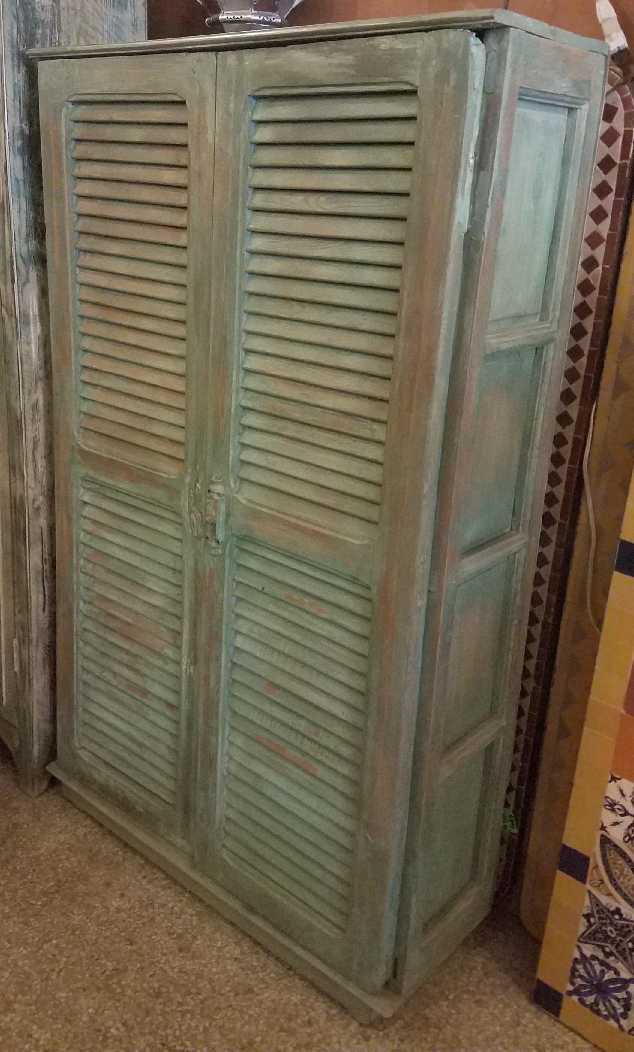 Moroccan Green Whitewash Shoe Cabinet, Old Window Shutters In New Condition In Orlando, FL