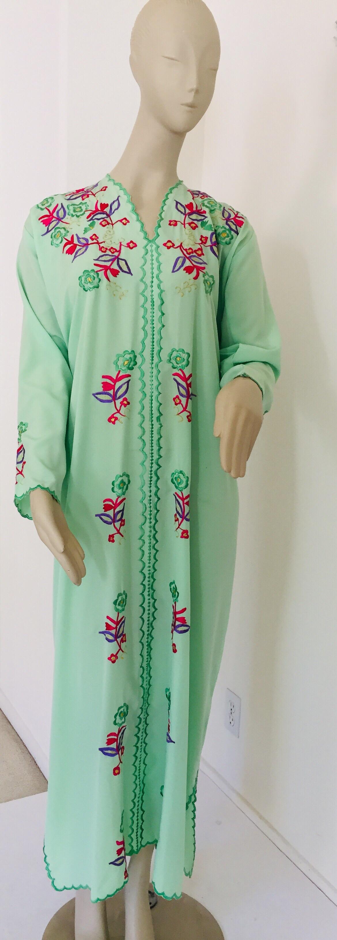 Moroccan Green with Floral Embroidered Caftan, Kaftan For Sale 3