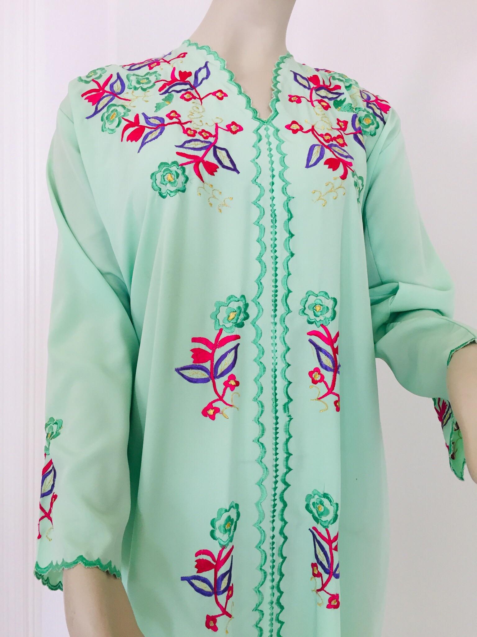 Moroccan Green with Floral Embroidered Caftan, Kaftan For Sale 5