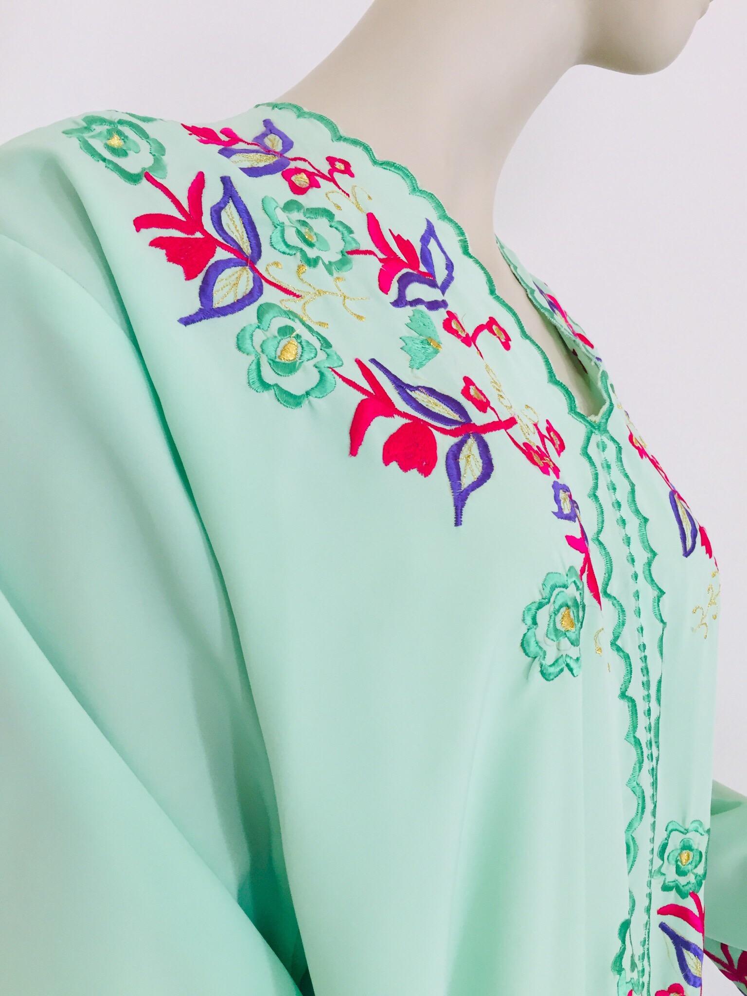 Silk Moroccan Green with Floral Embroidered Caftan, Kaftan For Sale