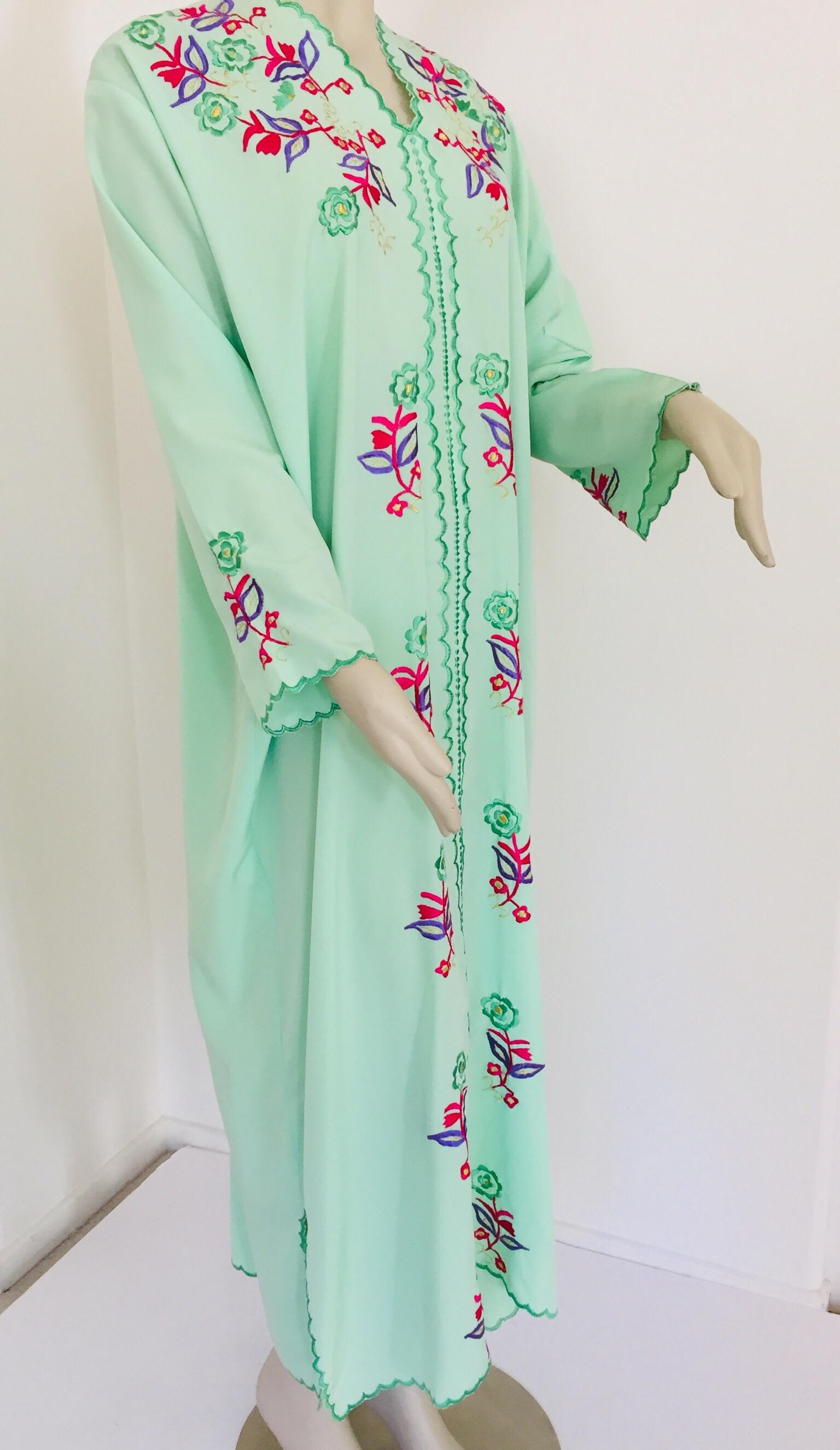 Moroccan Green with Floral Embroidered Caftan, Kaftan For Sale 1