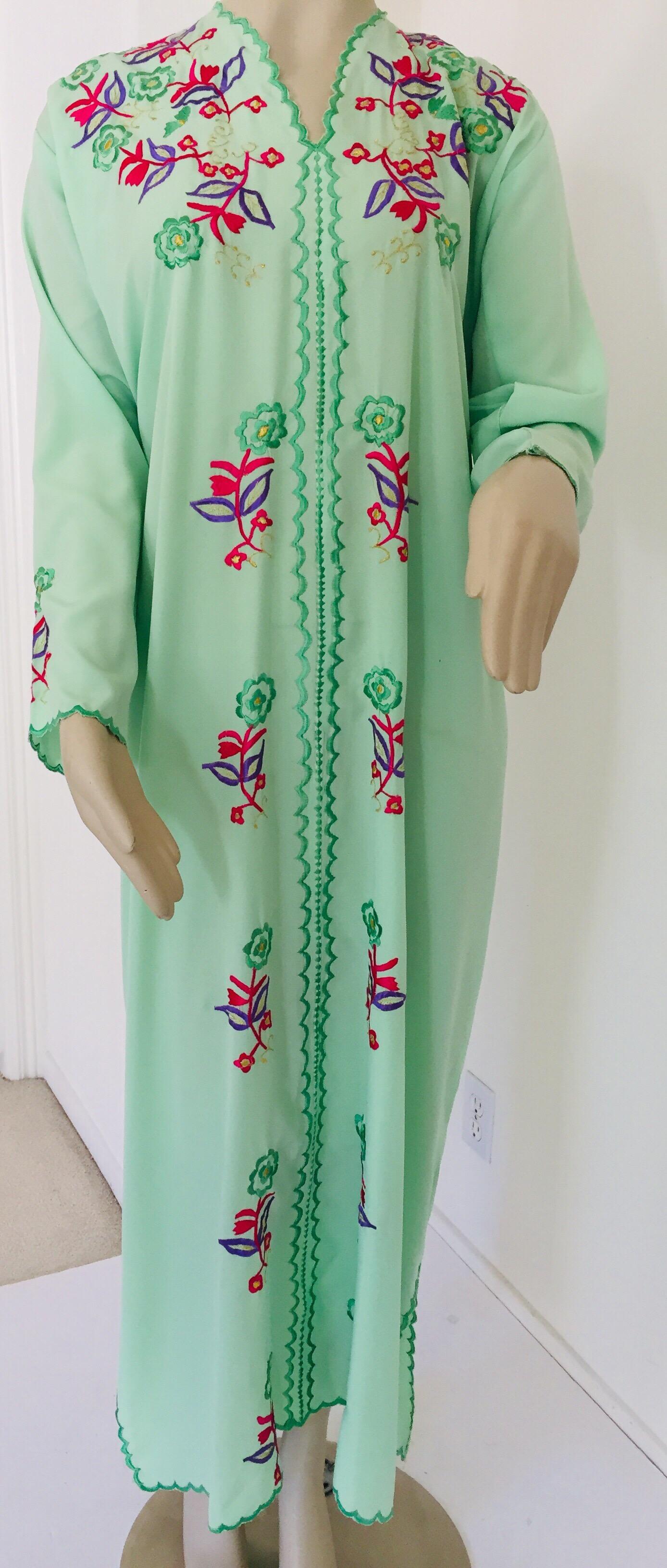 Moroccan Green with Floral Embroidered Caftan, Kaftan For Sale 2