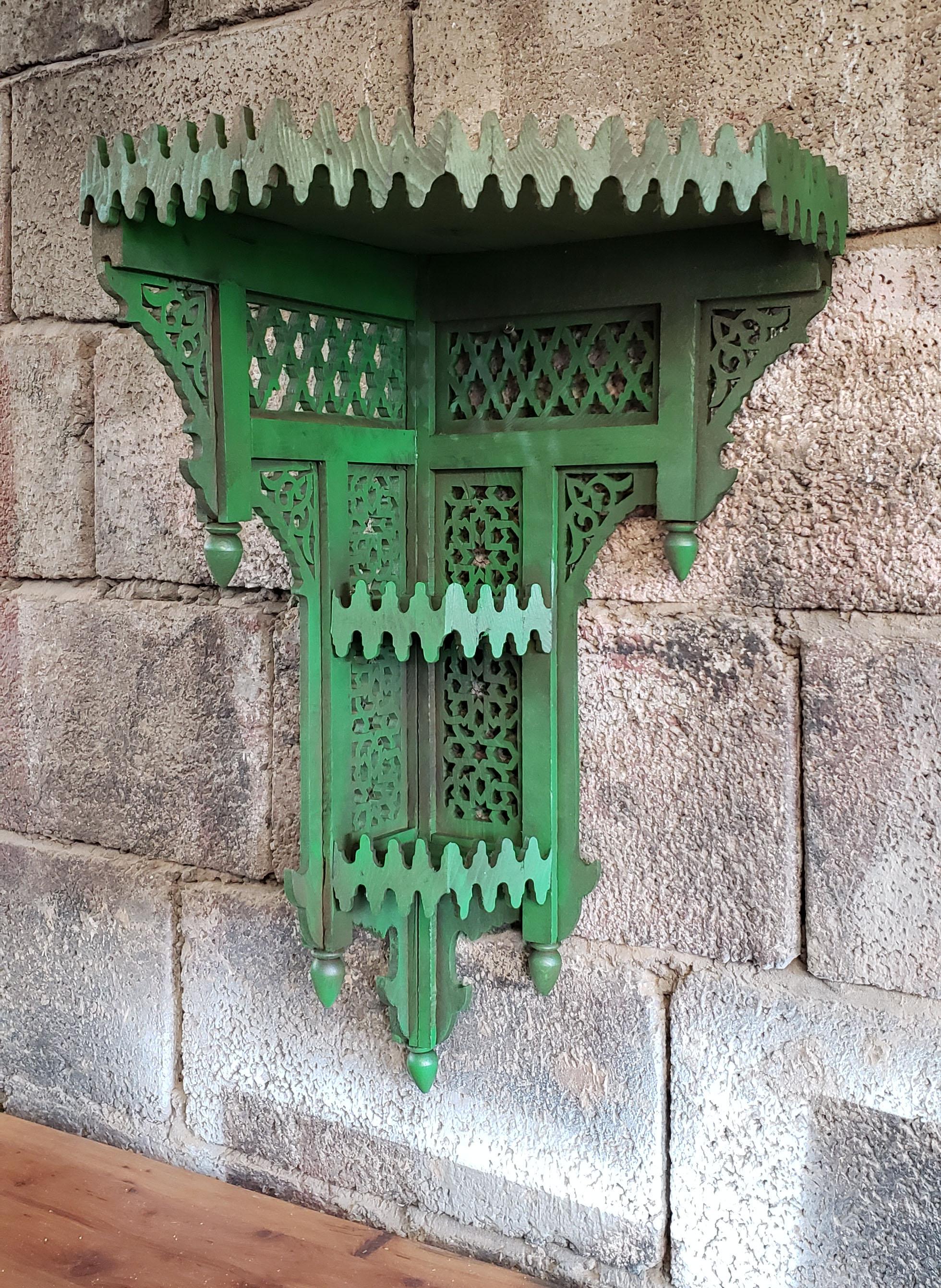 Moroccan Green Wooden Corner Shelf For Sale 1