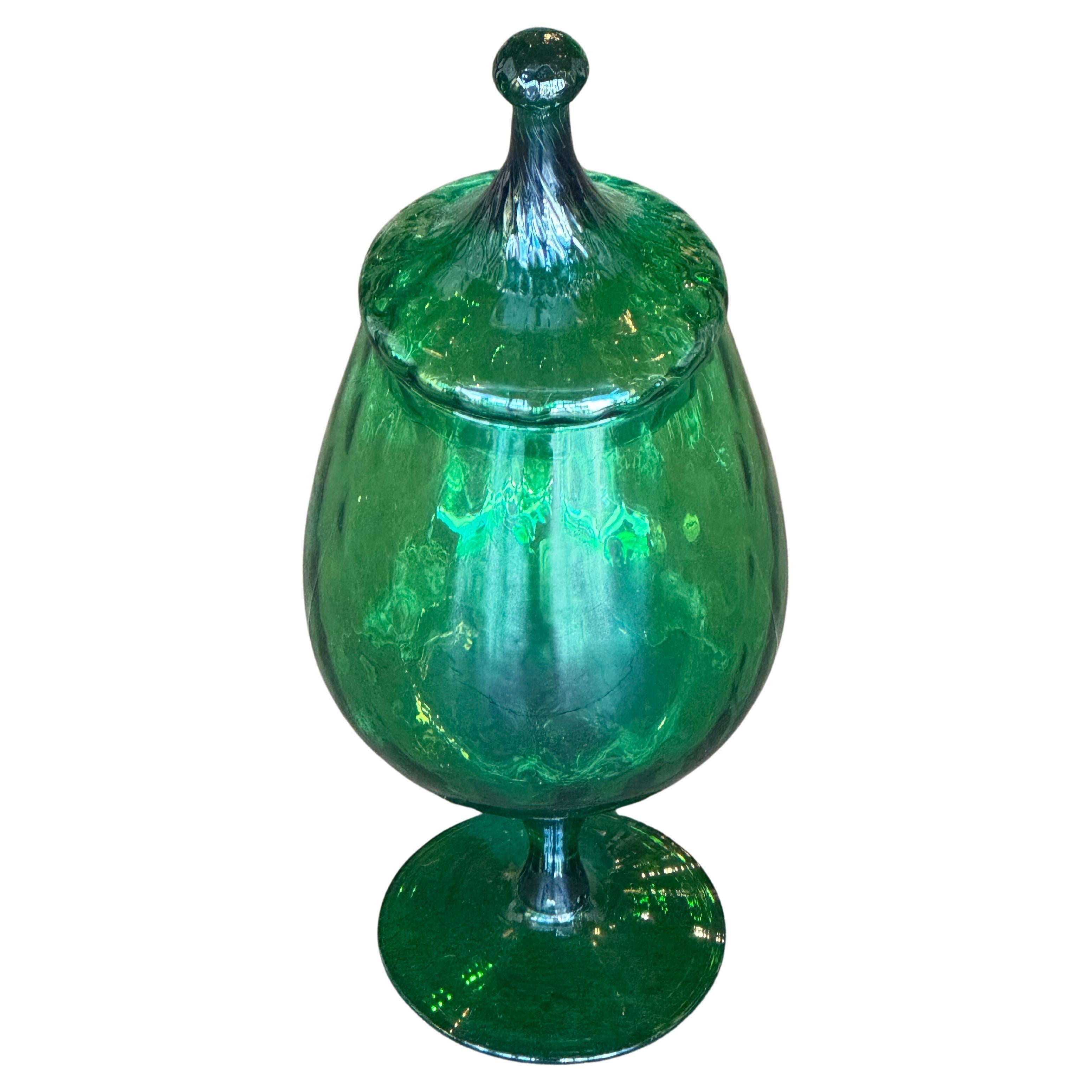 Moroccan Hand-Blown Emerald Green Glass Decanter For Sale