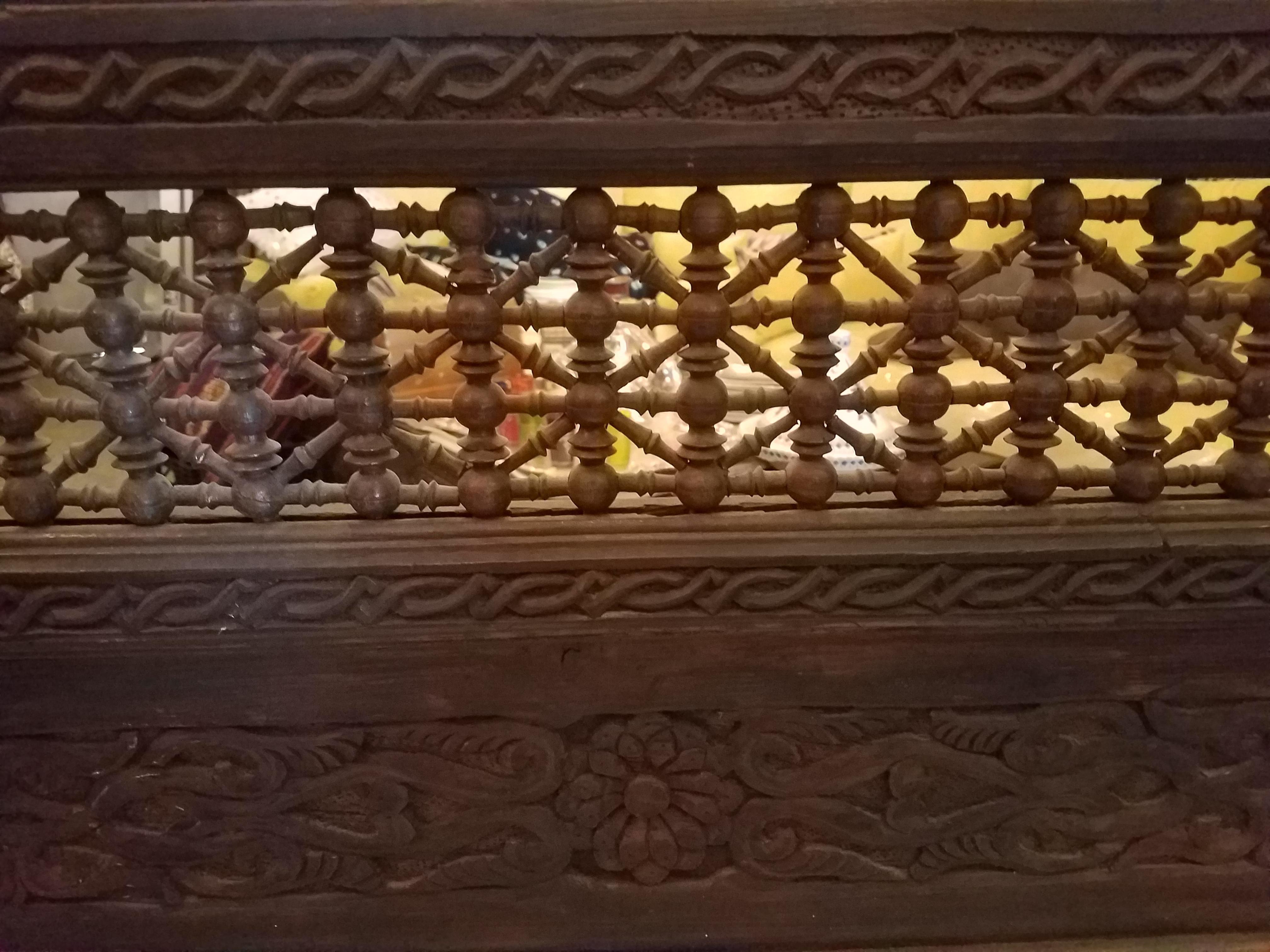 Moroccan Hand Carved Cedar Wooden Bench In Good Condition In Orlando, FL