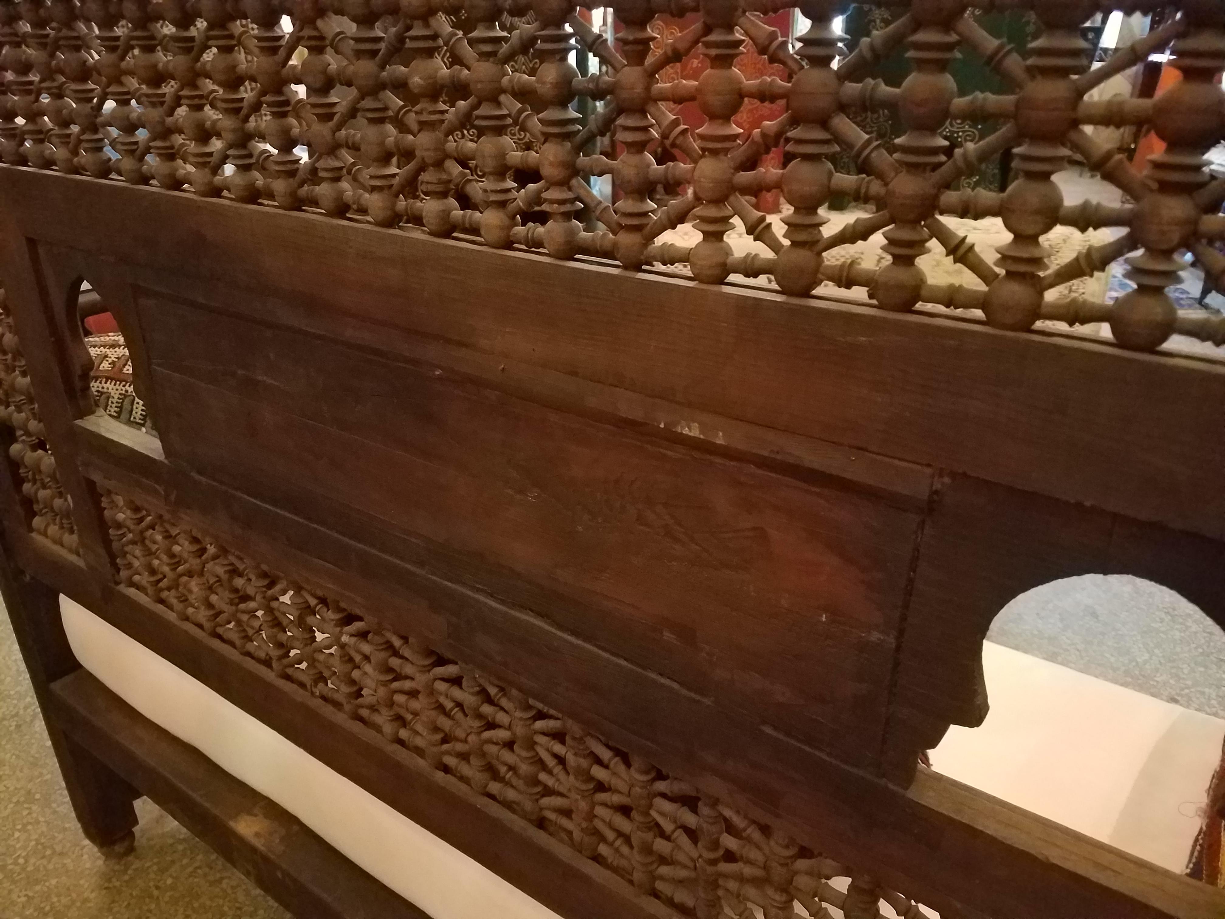 Moroccan Hand Carved Cedar Wooden Bench 1