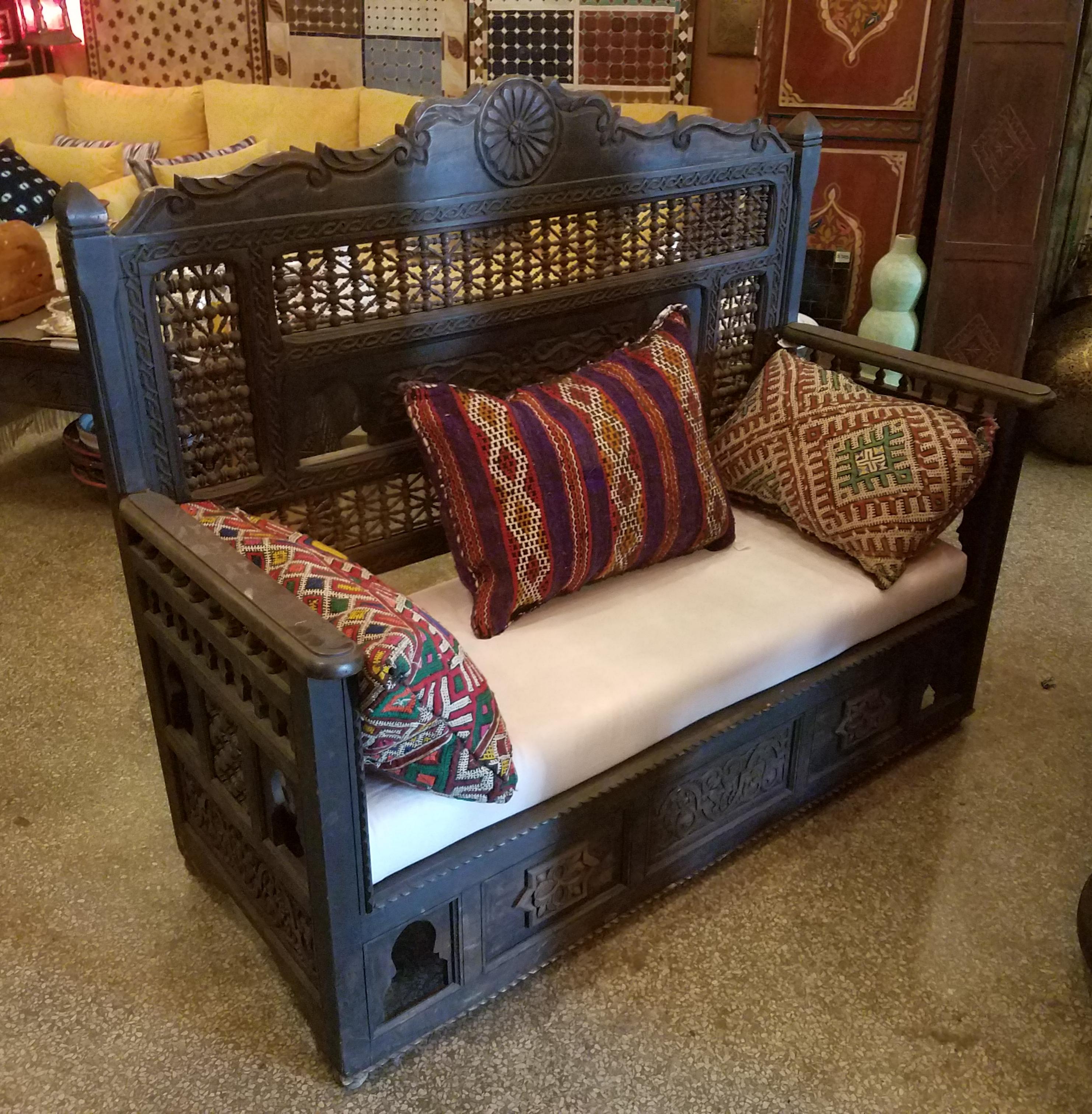 Moroccan Hand Carved Cedar Wooden Bench 2