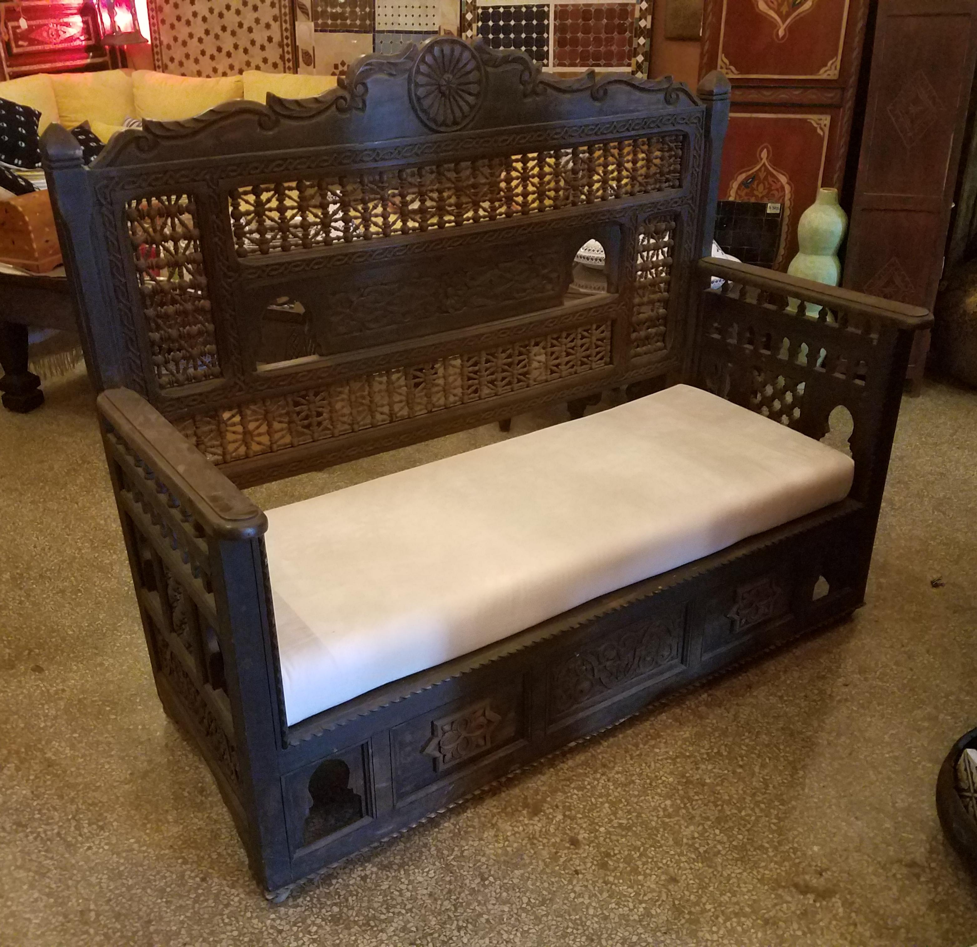 Moroccan Hand Carved Cedar Wooden Bench 3