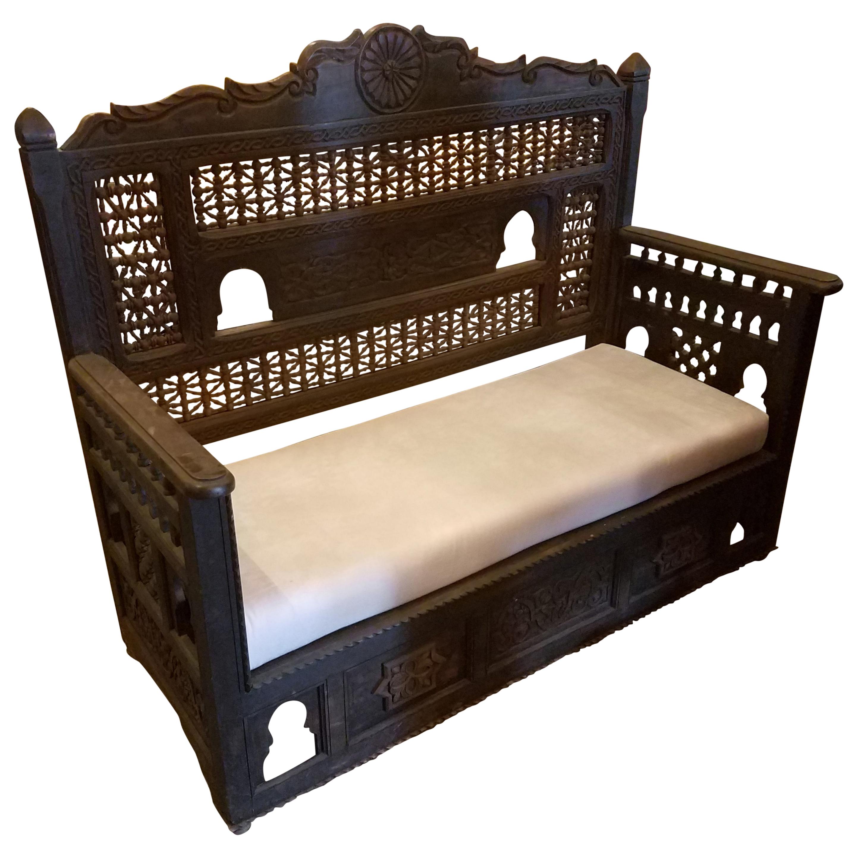 Moroccan Hand Carved Cedar Wooden Bench