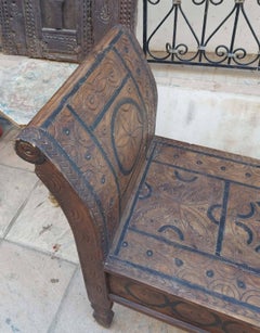 Moroccan Hand Carved Wooden Bench, Cedar Wood