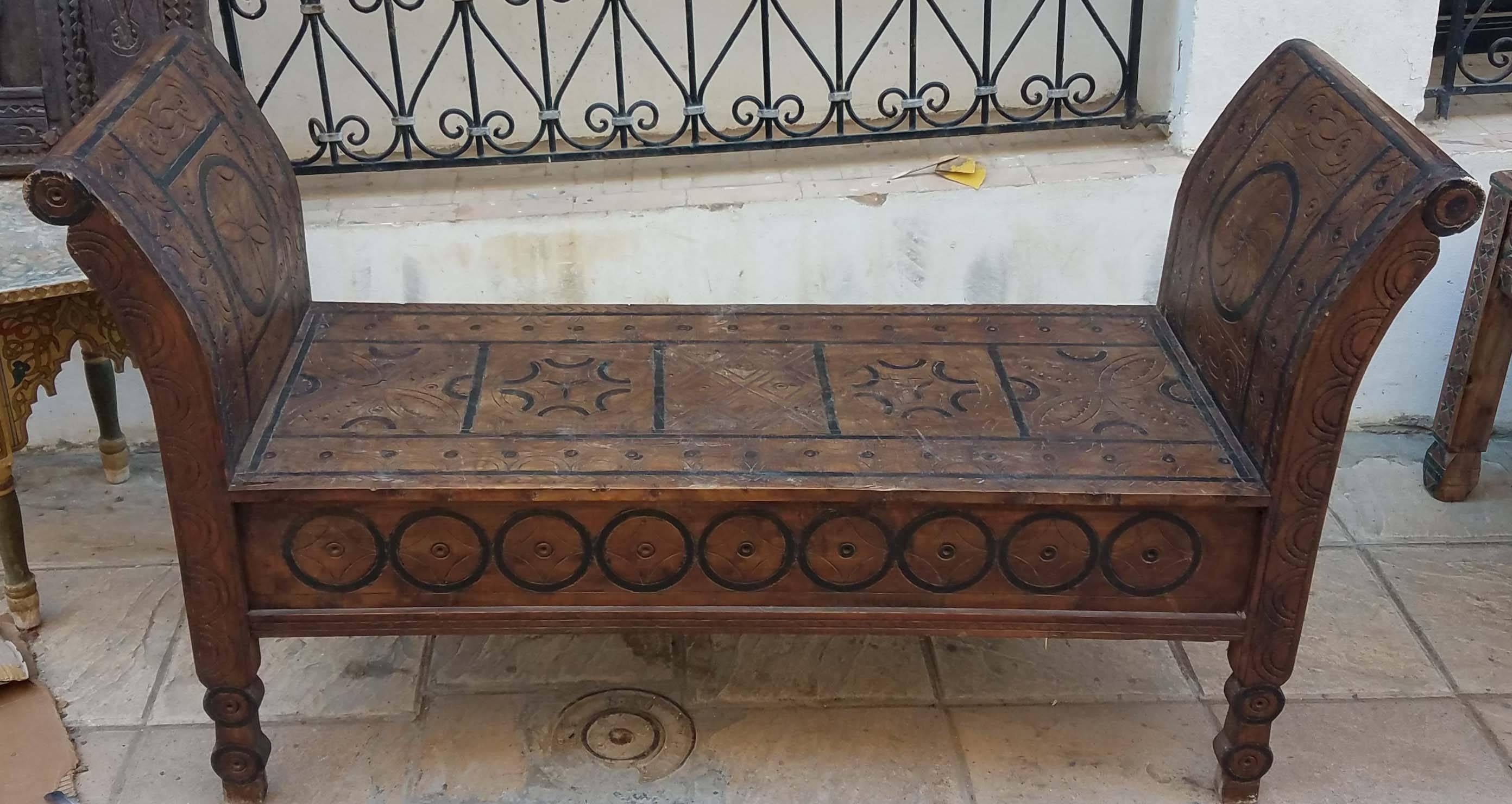 Moroccan Hand Carved Wooden Bench, Cedar Wood For Sale 2
